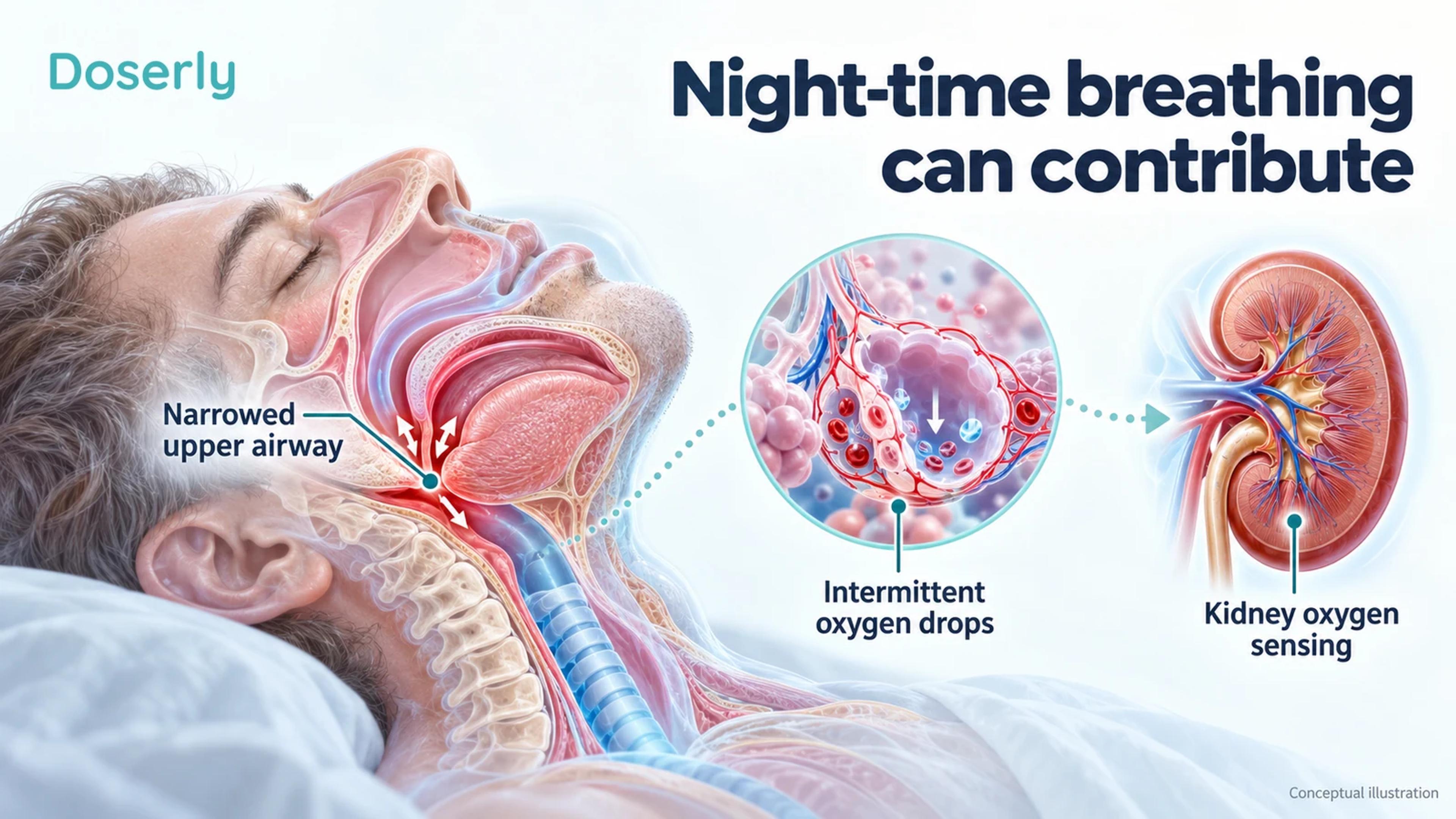A narrowed sleeping upper airway and kidney inset illustrate how intermittent oxygen drops may contribute to red-cell stimulation.