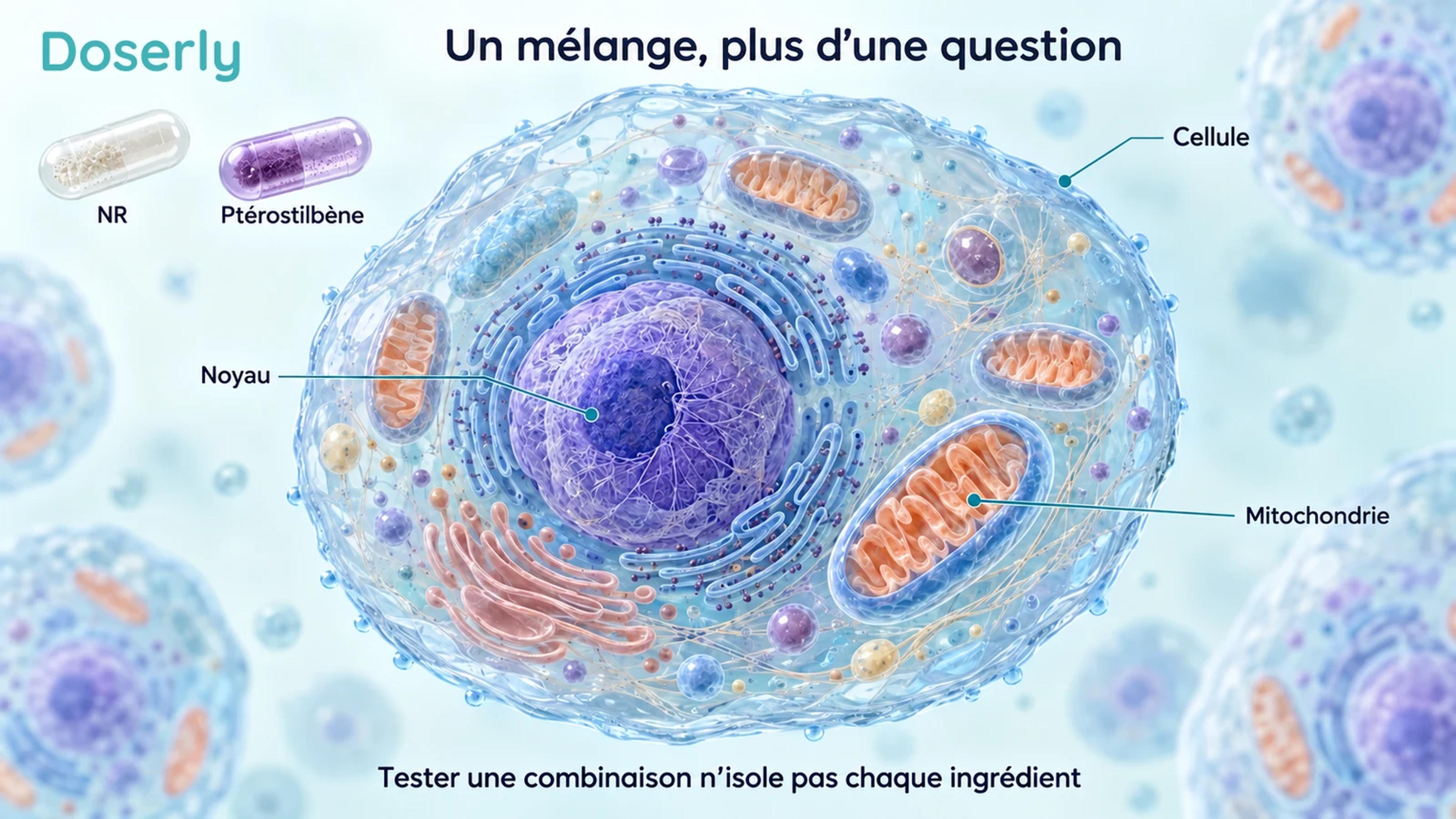 Cellule détaillée avec noyau et mitochondries à côté de capsules distinctes de NR et de ptérostilbène, sans flèches de causalité.