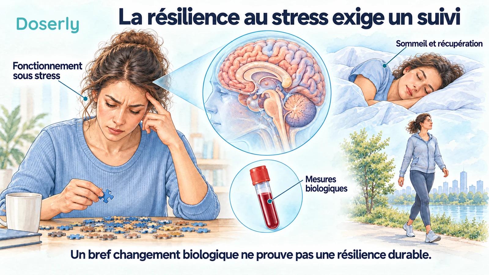 Des illustrations de l’exécution d’une tâche, du sommeil, de la marche, de l’anatomie cérébrale et d’un échantillon sanguin montrent des résultats distincts liés au stress.
