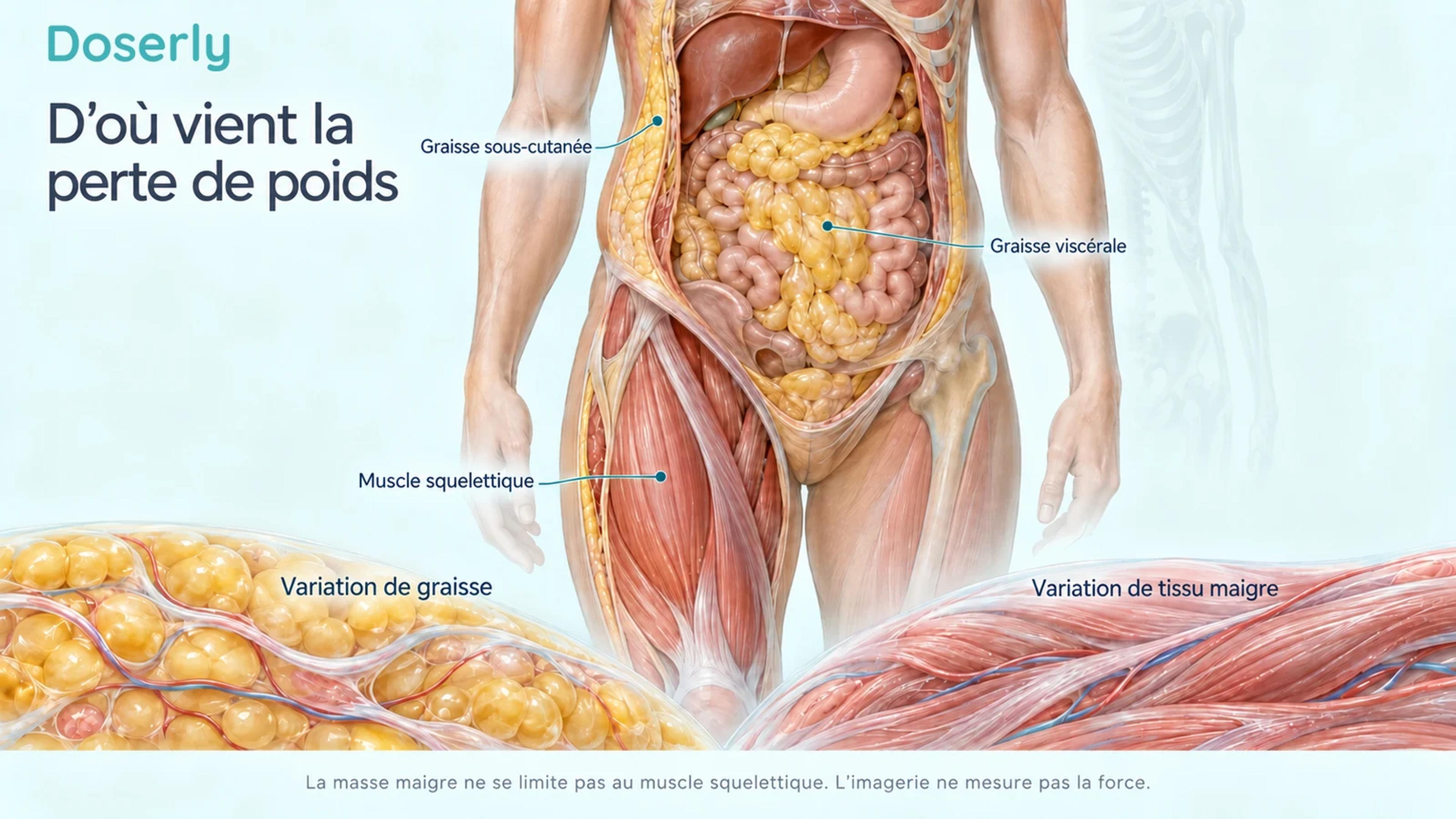 Illustration anatomique distinguant la graisse sous-cutanée, la graisse viscérale et le muscle squelettique.