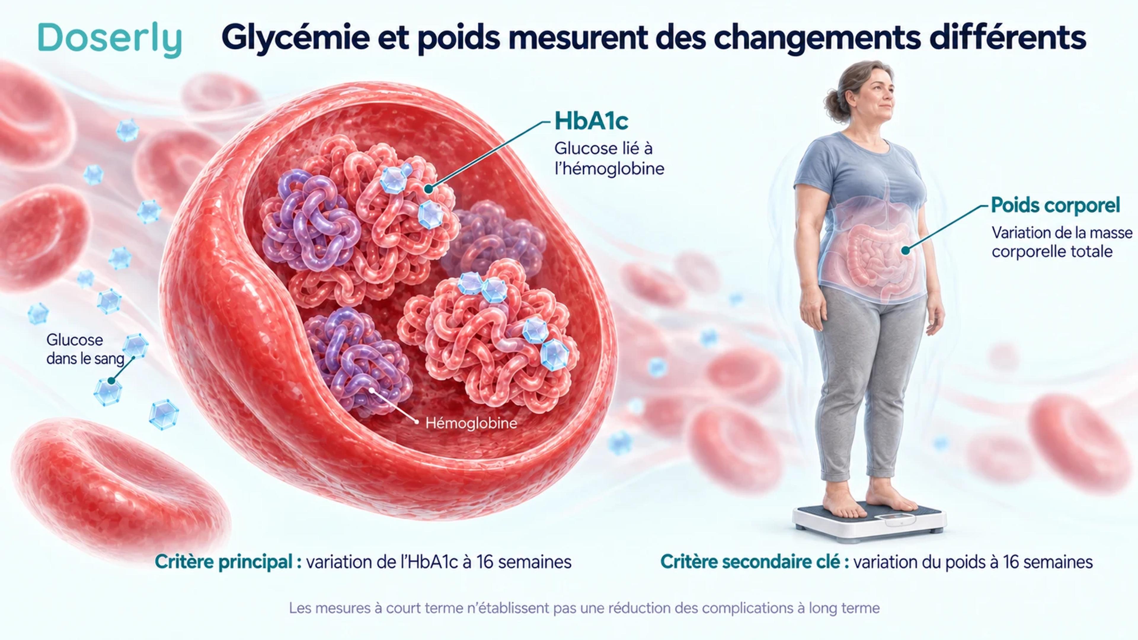 Vue en coupe d’un globule rouge avec des représentations conceptuelles de l’hémoglobine et du glucose, à côté d’une personne sur une balance en clinique, pour distinguer l’HbA1c de la mesure du poids corporel.