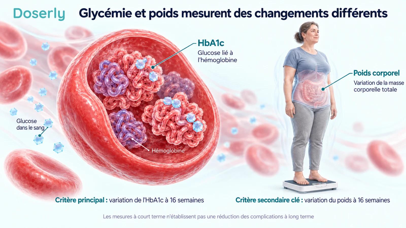 Vue en coupe d’un globule rouge avec des représentations conceptuelles de l’hémoglobine et du glucose, à côté d’une personne sur une balance en clinique, pour distinguer l’HbA1c de la mesure du poids corporel.