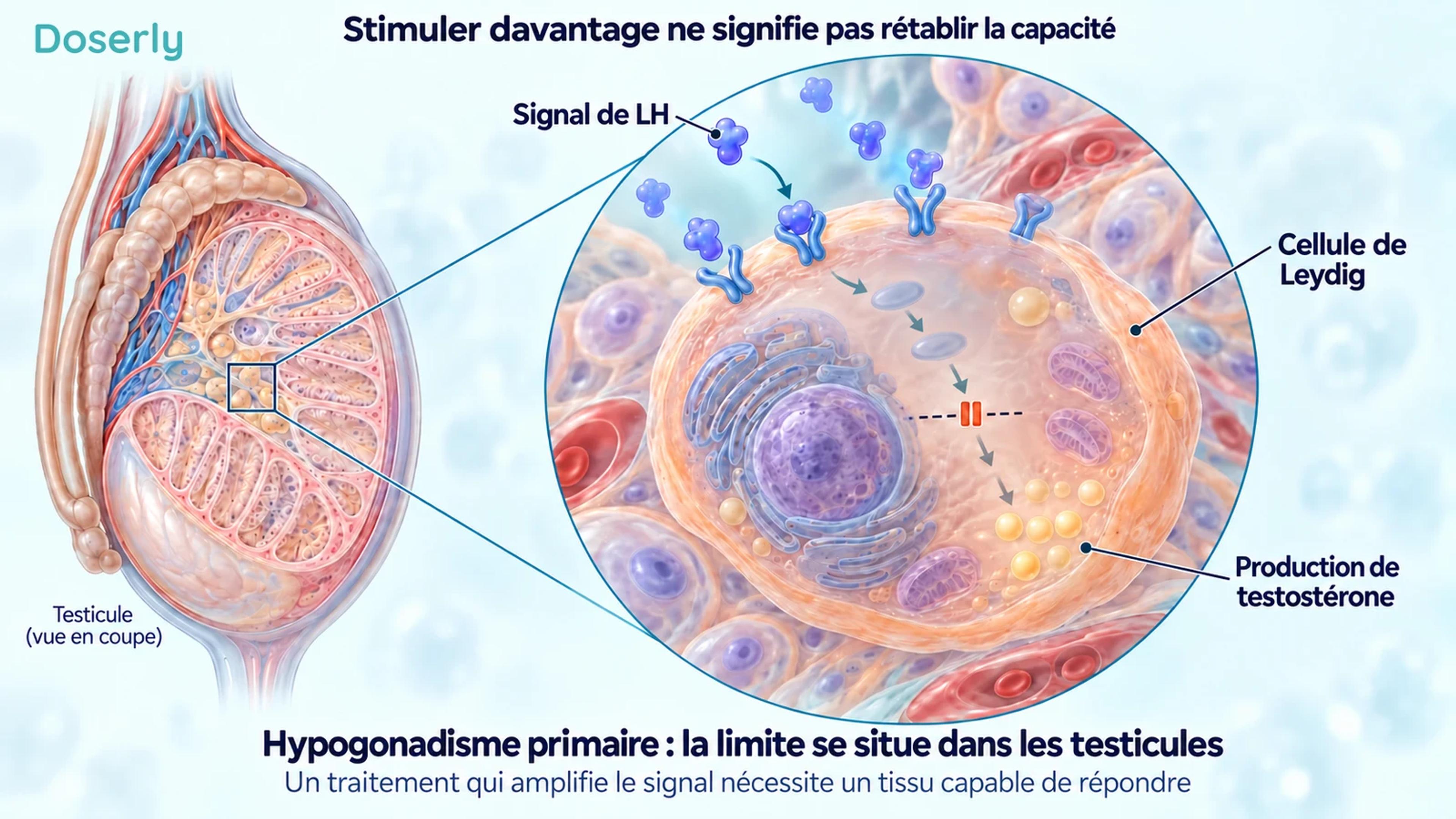 Un encadré détaillé sur une cellule de Leydig montre un signal de LH qui atteint son récepteur alors que la voie conceptuelle de production de testostérone demeure limitée.