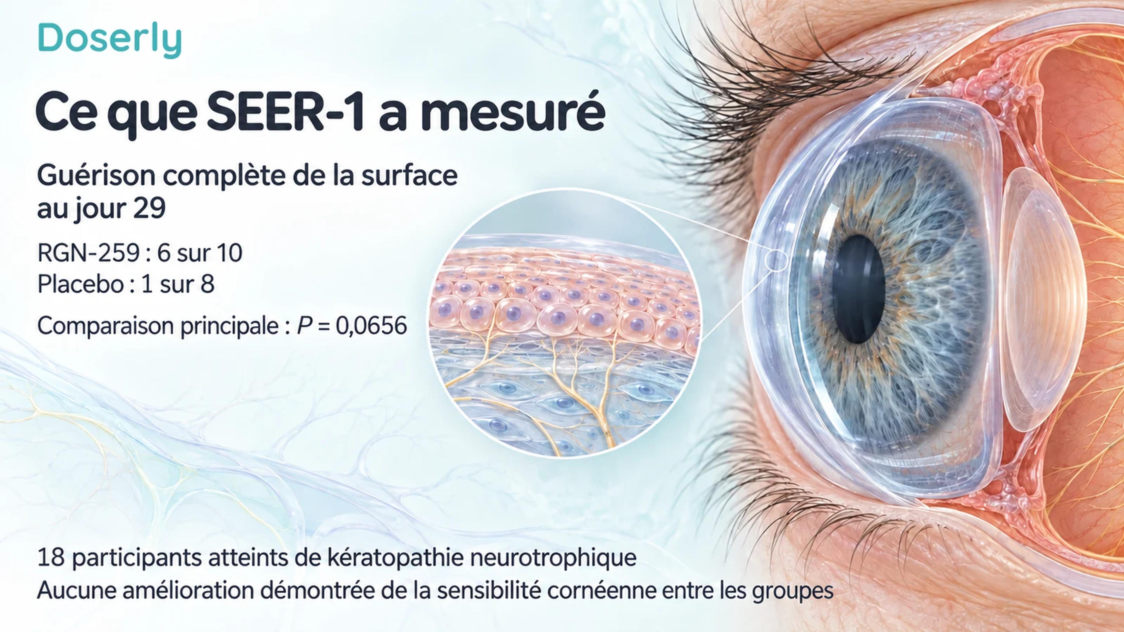 Une illustration détaillée de l’œil accompagne les nombres de fermetures au jour 29 de SEER-1 et la comparaison principale non significative.