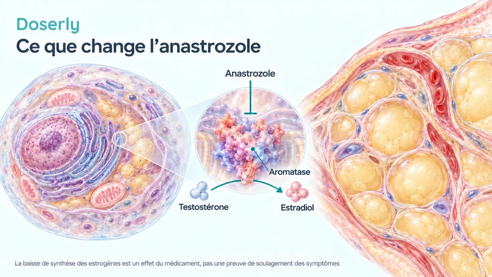 Illustrations détaillées de cellules et de tissu adipeux avec un schéma conceptuel de l’inhibition de l’aromatase.