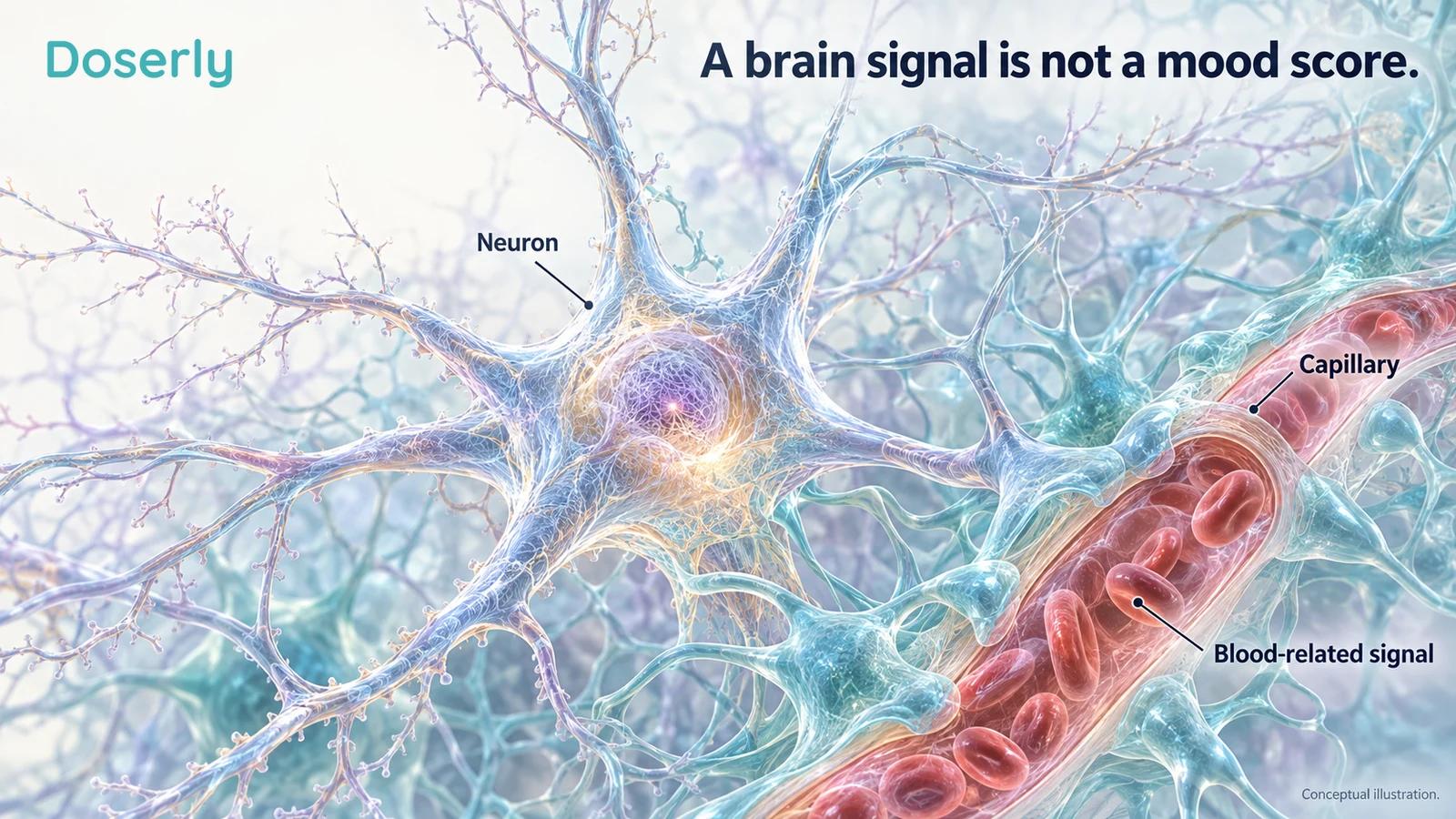 A detailed neuron and neighboring capillary distinguish a blood-related imaging signal from a clinical mood outcome.