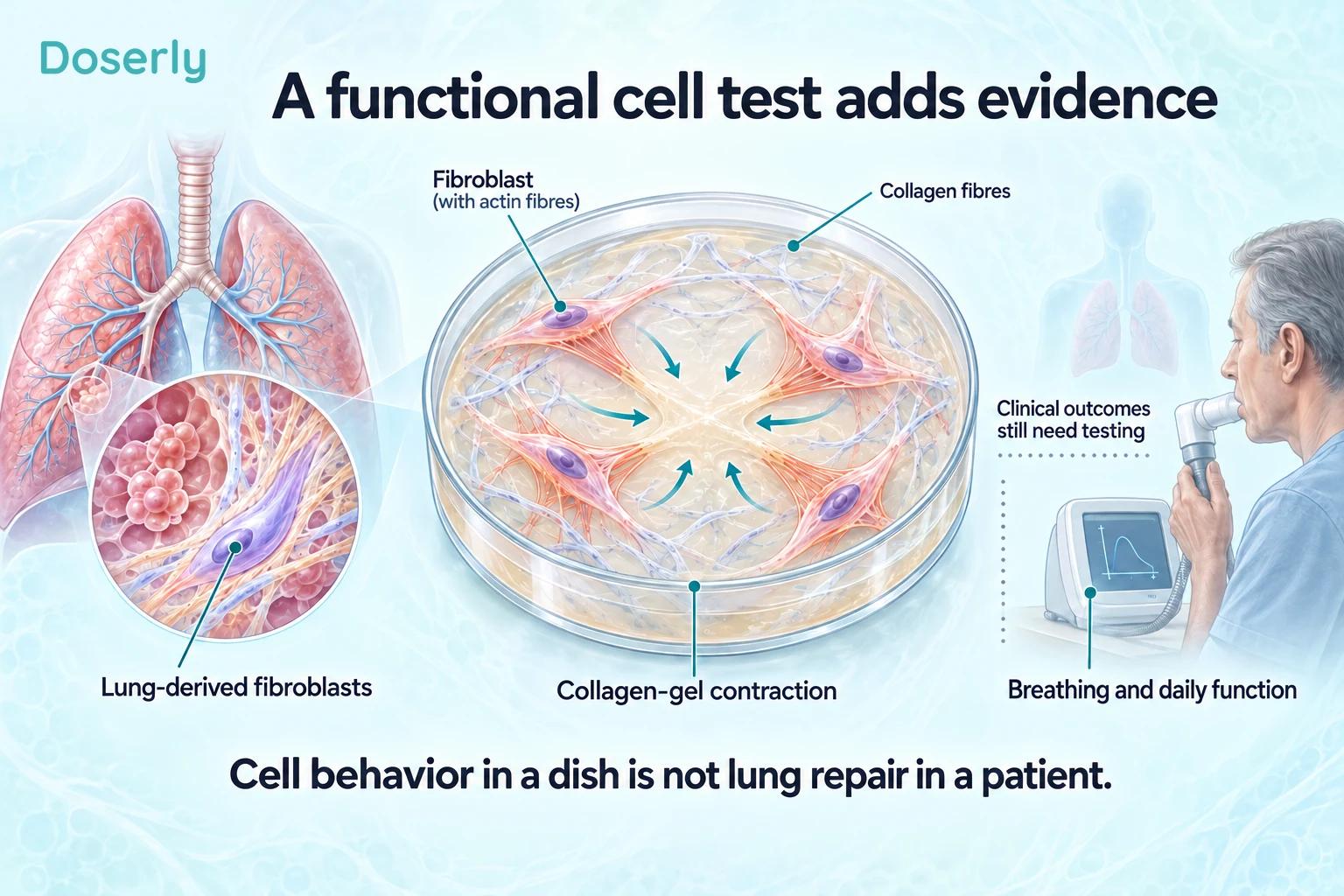 Lung-derived fibroblasts contracting a collagen gel, separated from untested patient breathing outcomes