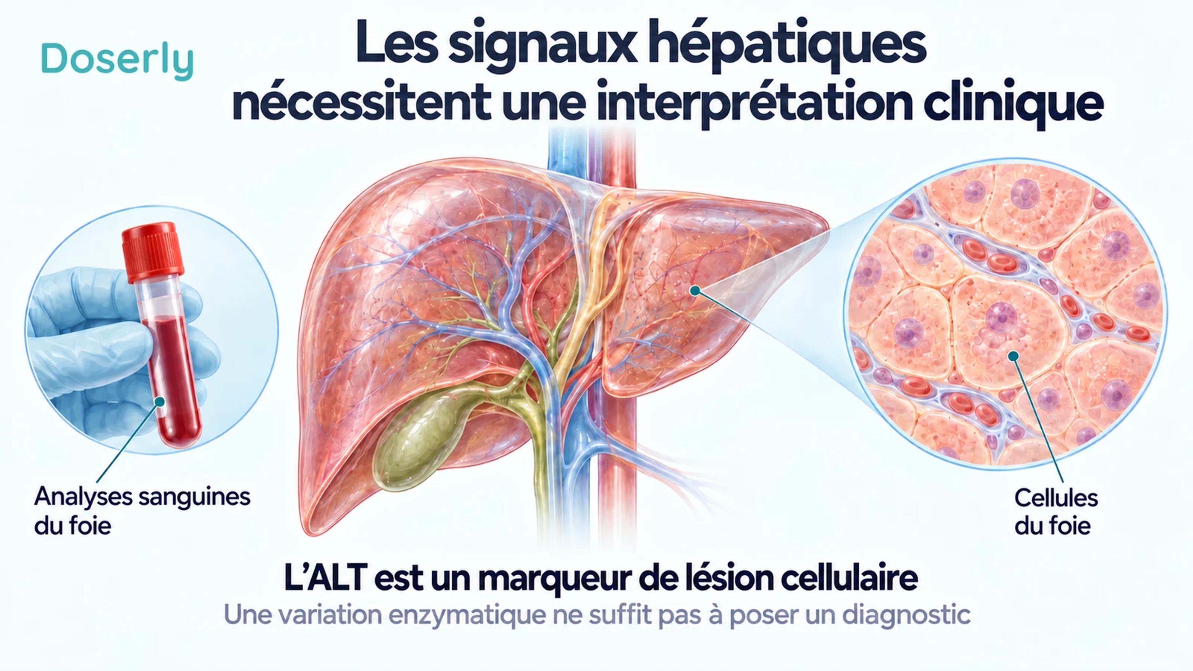 Illustration du foie et de cellules hépatiques agrandies à côté d’un tube d’échantillon sanguin servant à expliquer les analyses sanguines du foie