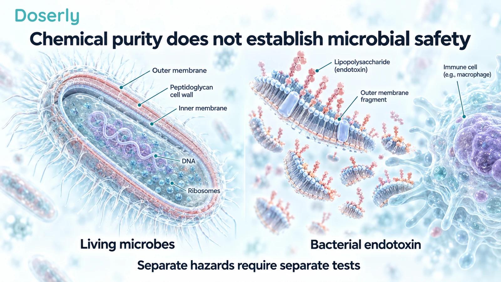 Detailed cutaway of a bacterium beside outer-membrane fragments and an immune cell, distinguishing microbes from endotoxin