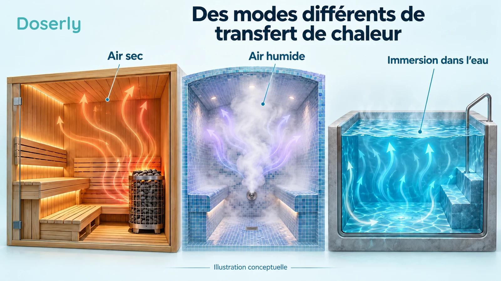 Sauna sec, vapeur et immersion présentés comme des environnements conceptuels distincts de transfert de chaleur.