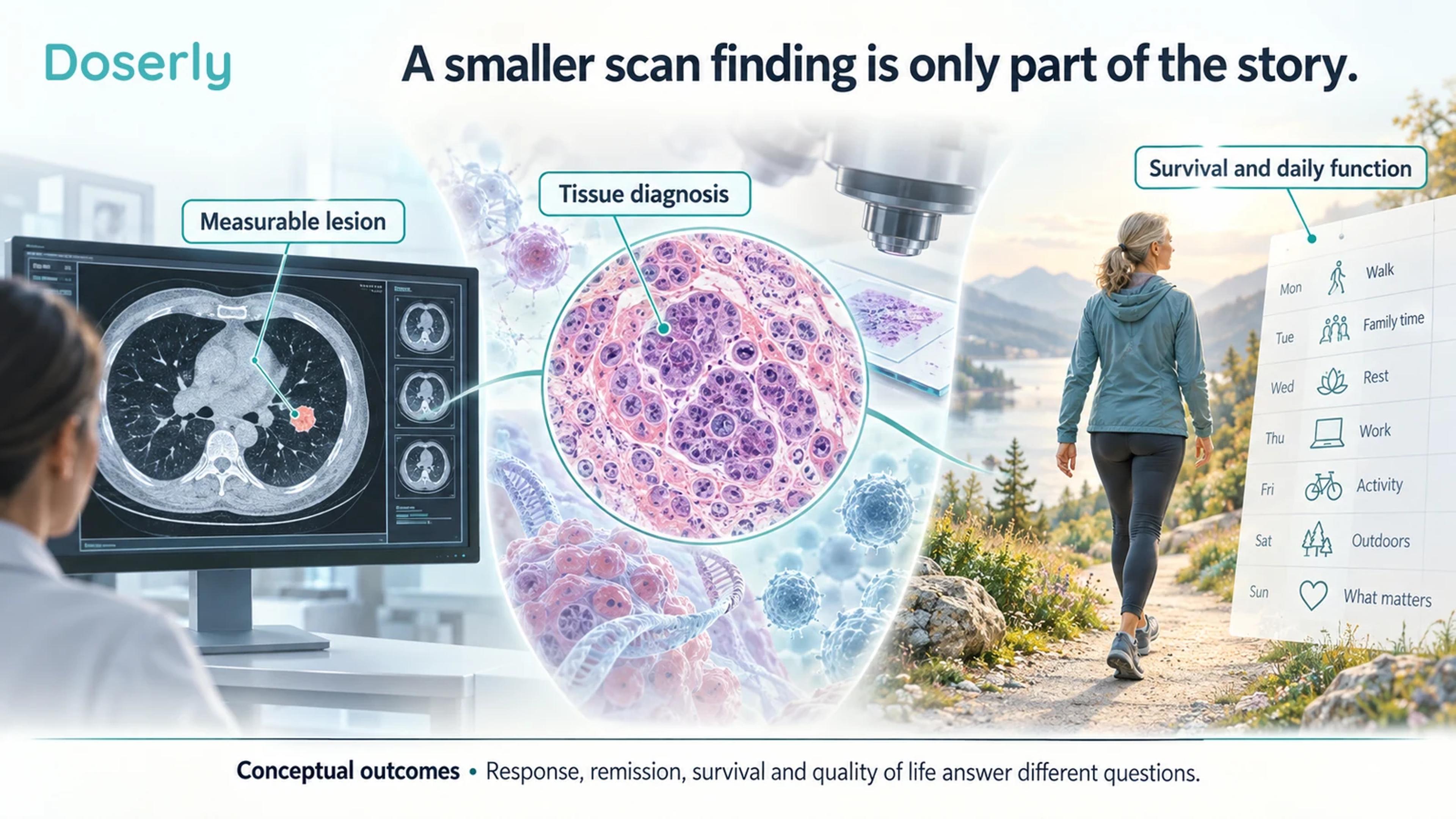 Conceptual comparison of a measurable scan lesion, tissue diagnosis and everyday functioning to explain different cancer outcomes.
