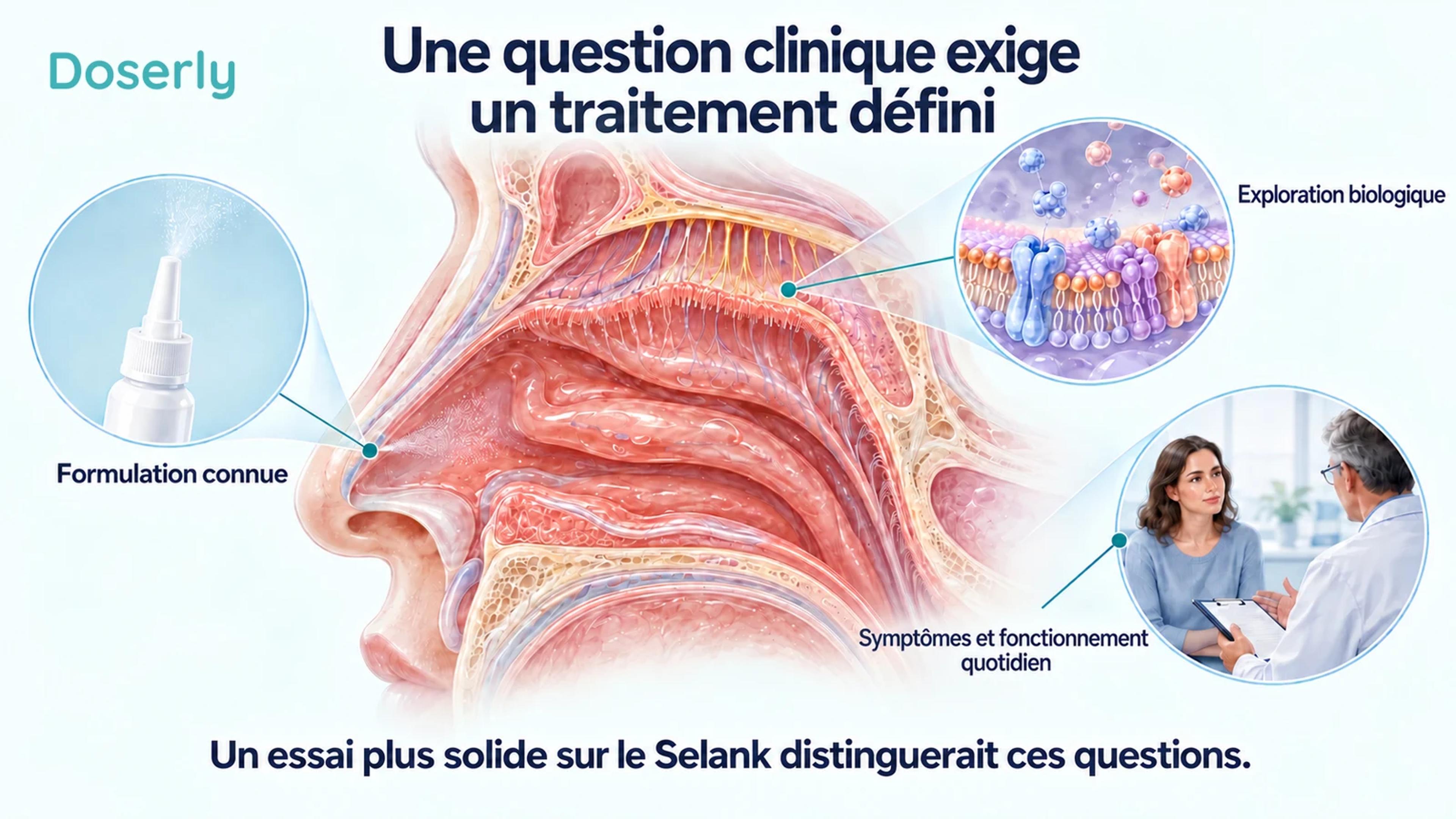 L’anatomie nasale, un produit défini, une exploration biologique et un entretien clinique illustrent des volets distincts d’une question d’essai.