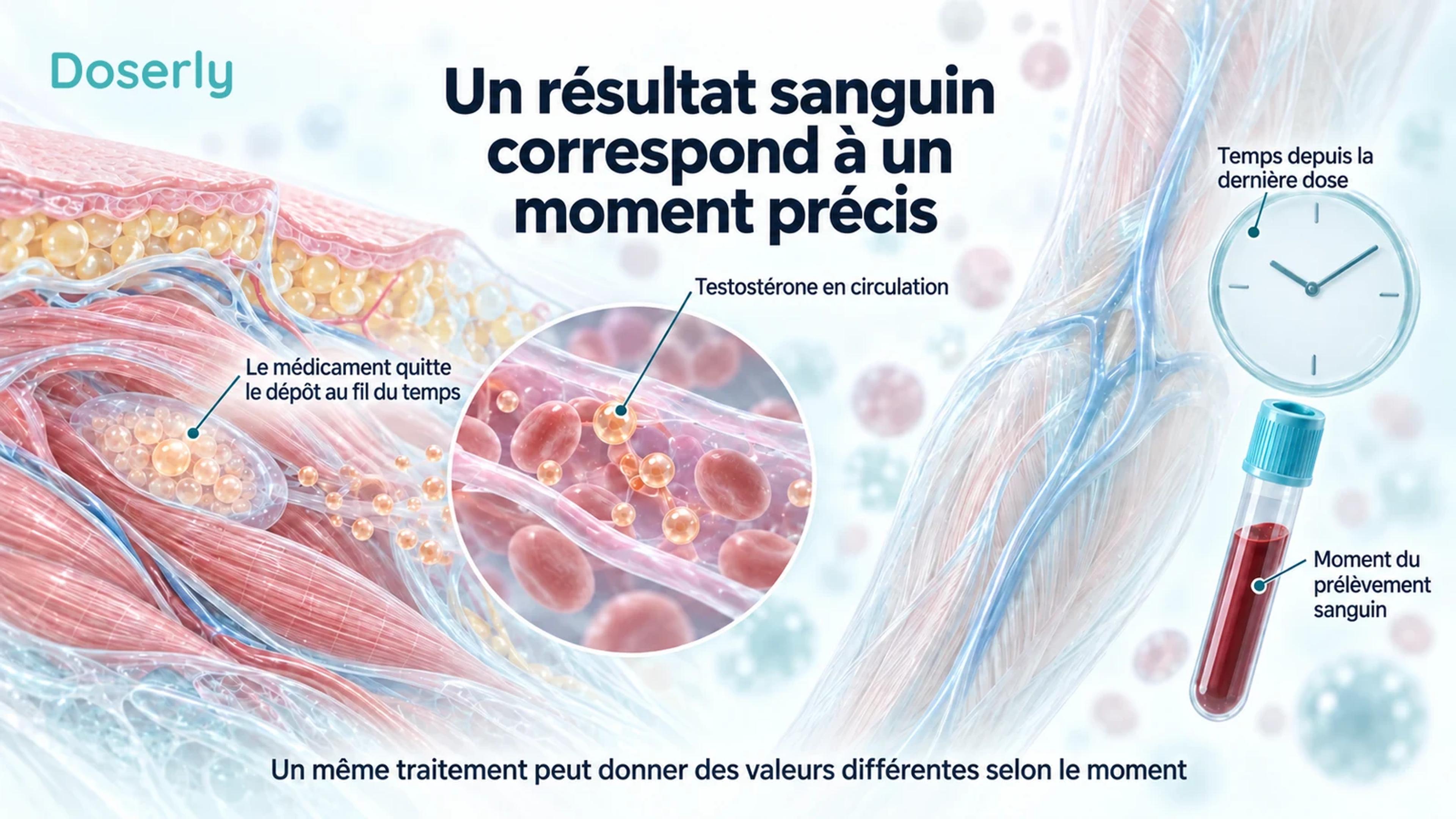 Un dépôt musculaire et un vaisseau sanguin voisin, à côté d’un avant-bras, d’une horloge et d’un tube de prélèvement, expliquent pourquoi le temps écoulé influence les résultats de testostérone.
