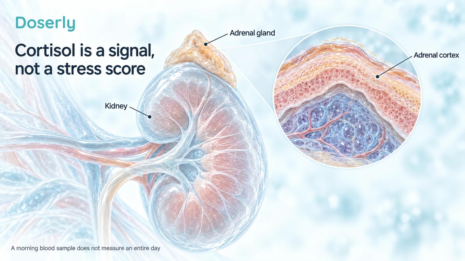 A kidney capped by an adrenal gland and a magnified adrenal cortex illustrate the source of cortisol without depicting a supplement treatment effect.