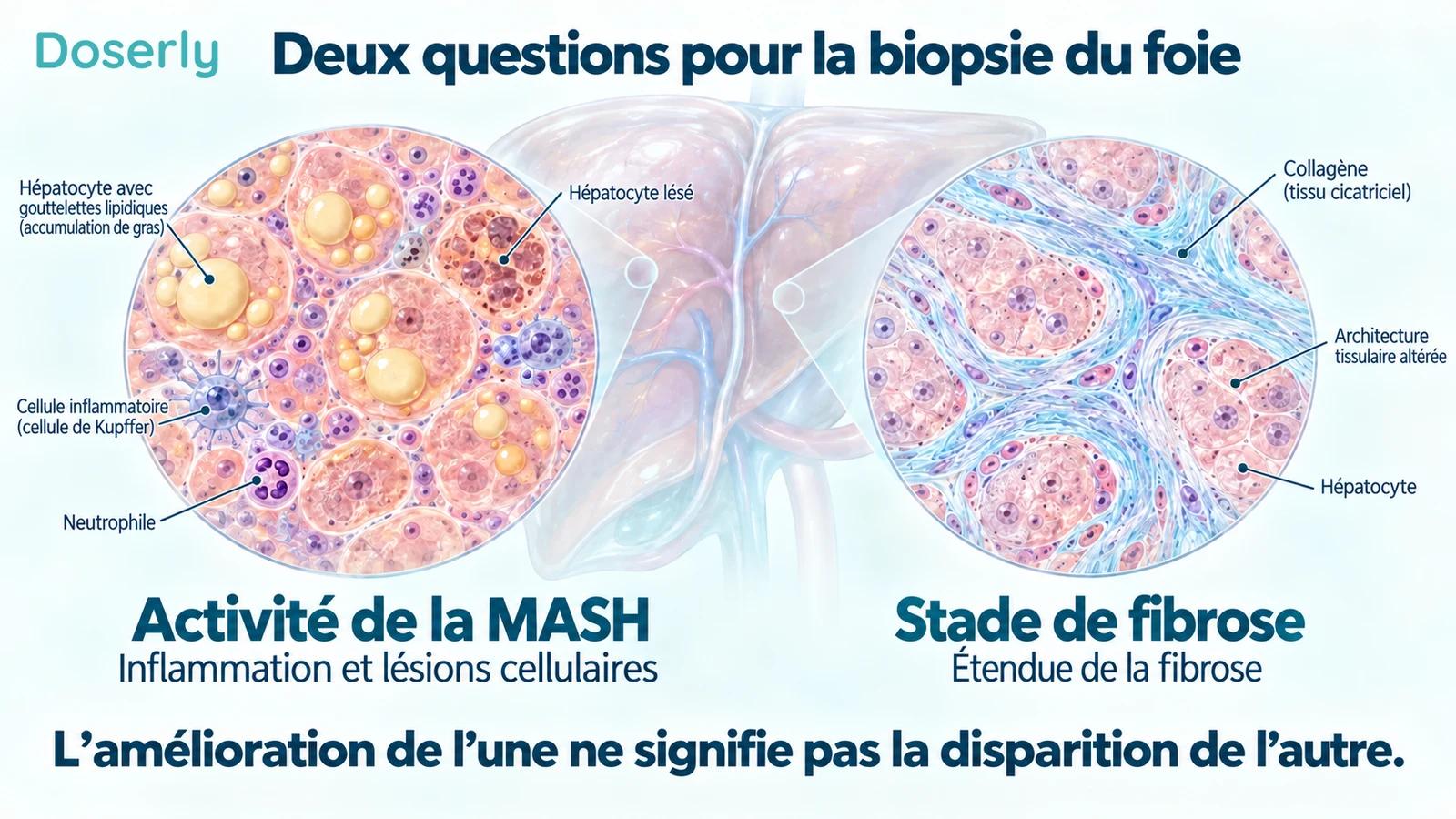 Deux illustrations détaillées de tissus hépatiques distinguent l’activité inflammatoire de l’étendue de la fibrose.