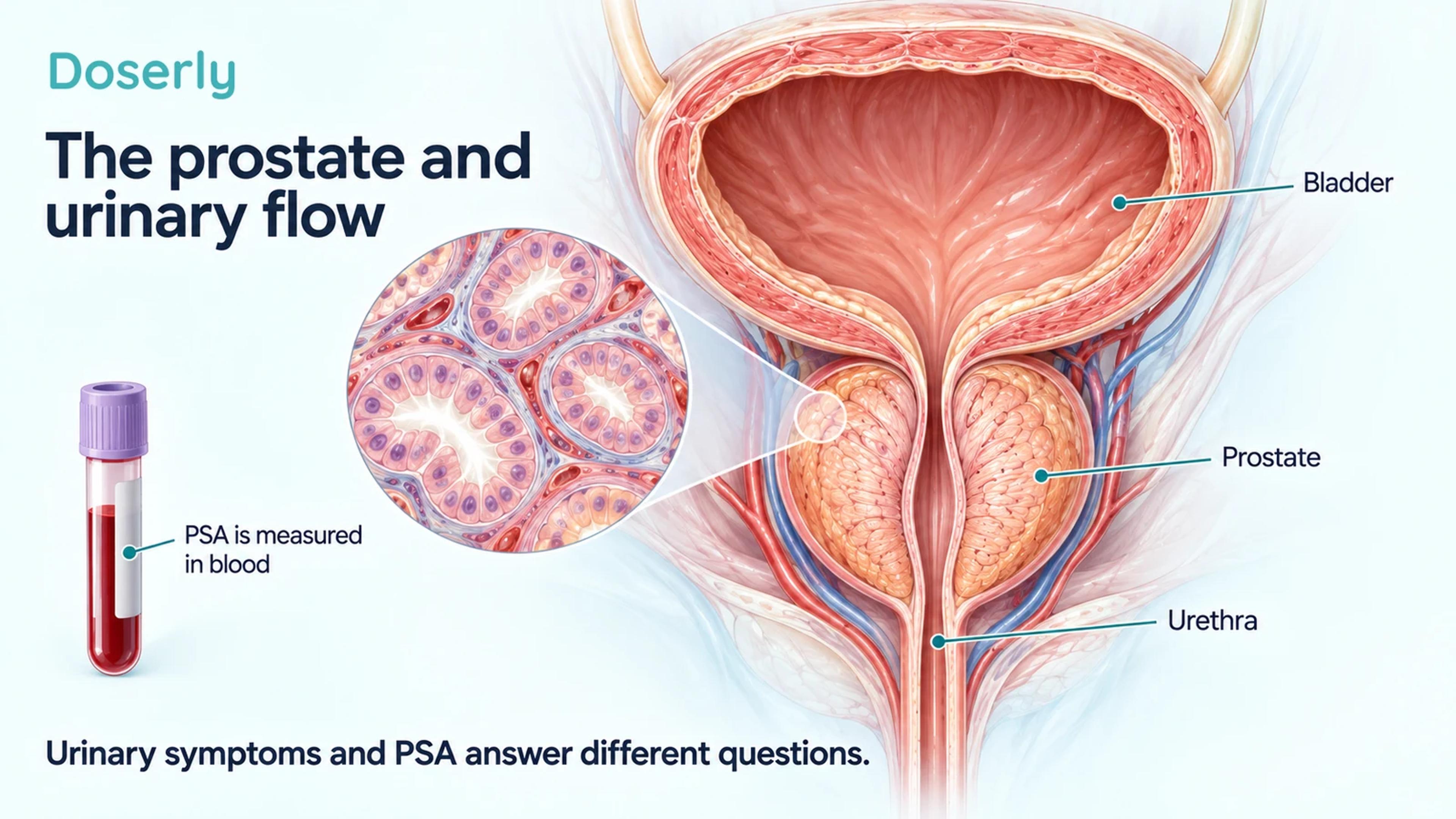 Bladder and prostate cutaway showing the urethra passing through the gland, alongside a separate blood sample used to symbolize PSA testing.
