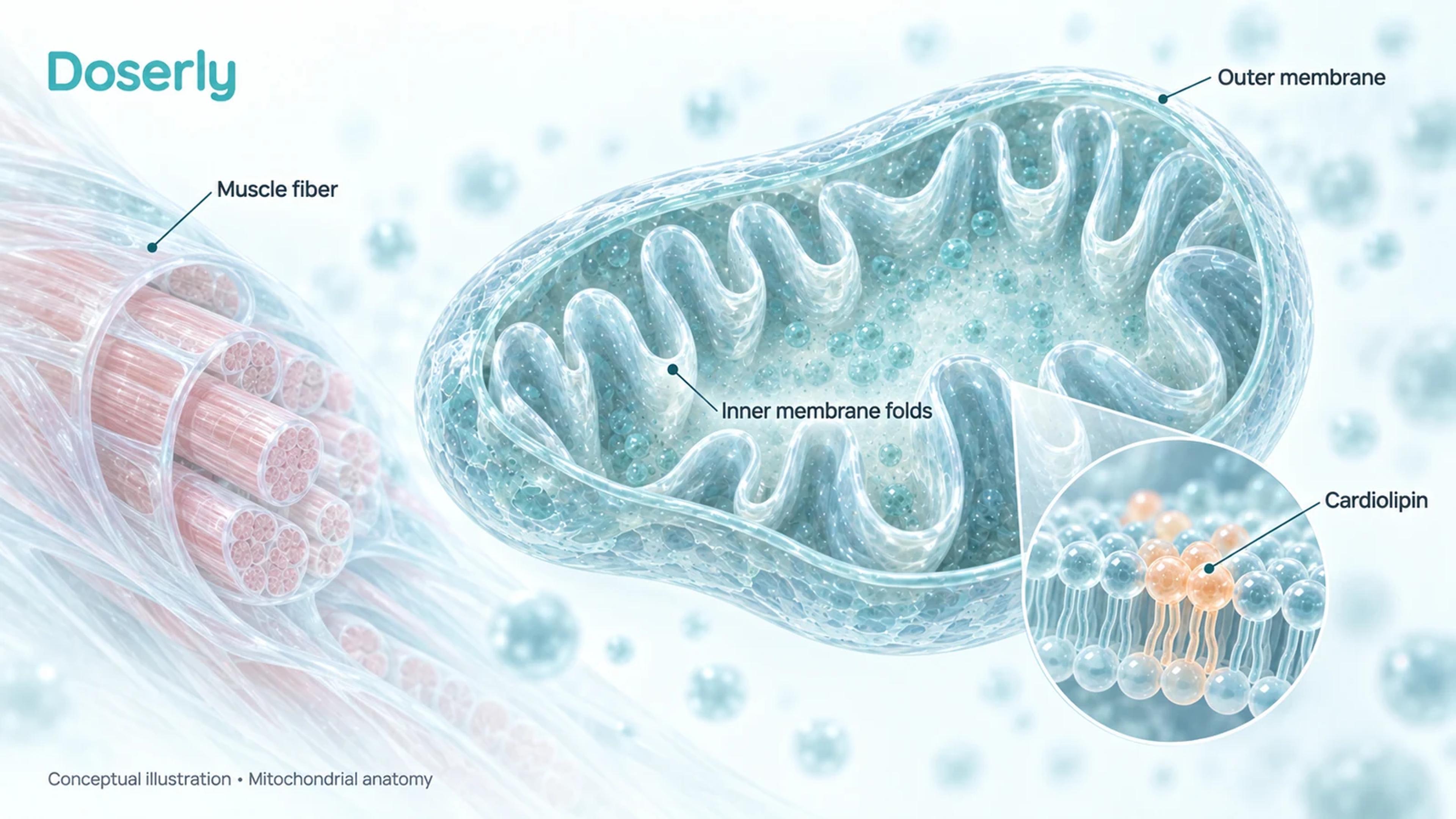 A cutaway mitochondrion showing its outer membrane, folded inner membrane and a magnified membrane lipid illustration beside a skeletal muscle fiber.