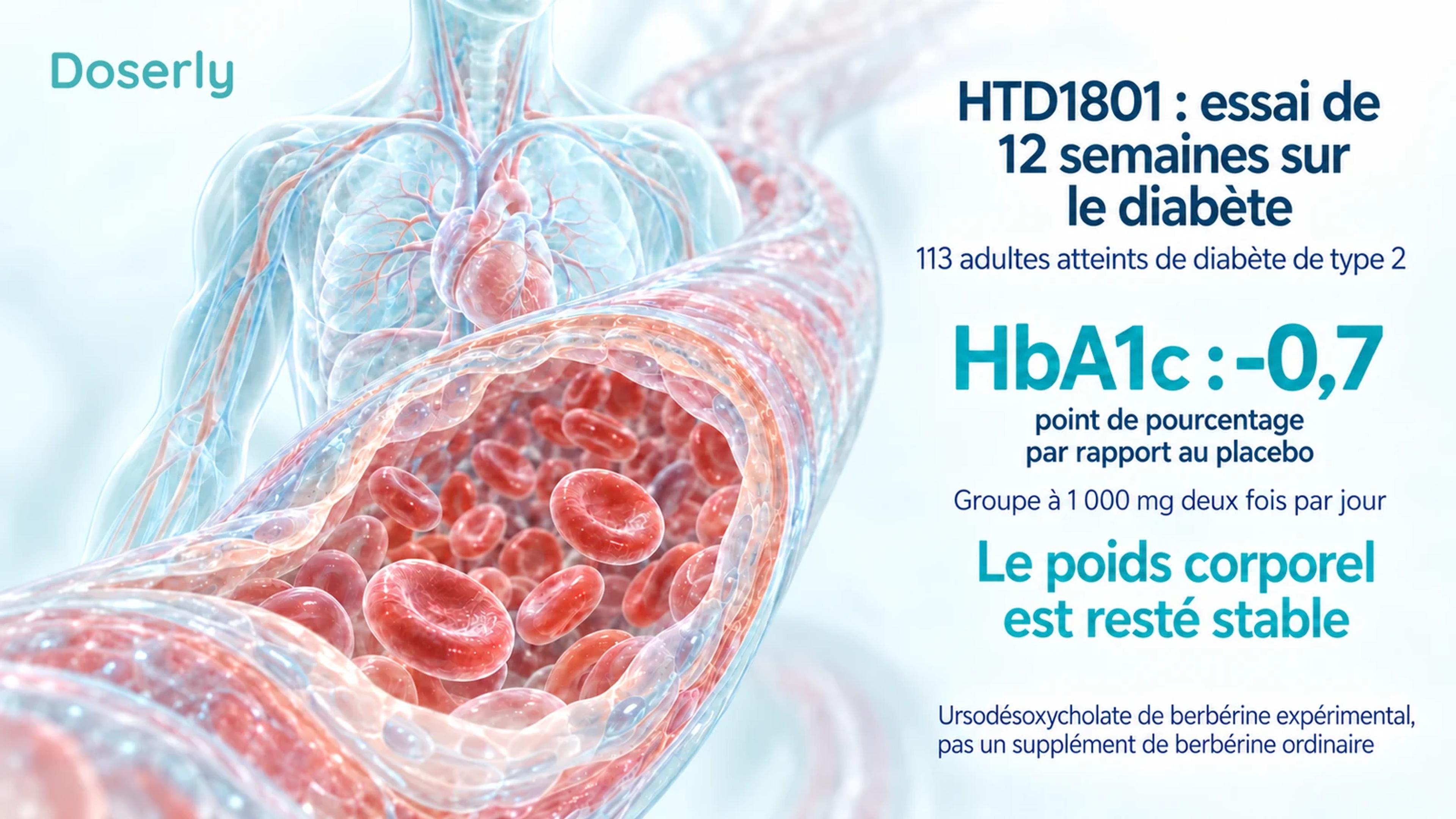 Un torse translucide et une illustration détaillée de vaisseau sanguin accompagnent le résultat de HTD1801 : l’HbA1c était inférieure de 0,7 point de pourcentage à celle du placebo dans le groupe à dose élevée, tandis que le poids corporel restait stable.