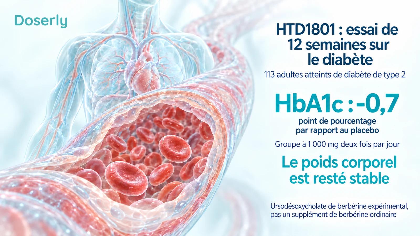 Un torse translucide et une illustration détaillée de vaisseau sanguin accompagnent le résultat de HTD1801 : l’HbA1c était inférieure de 0,7 point de pourcentage à celle du placebo dans le groupe à dose élevée, tandis que le poids corporel restait stable.