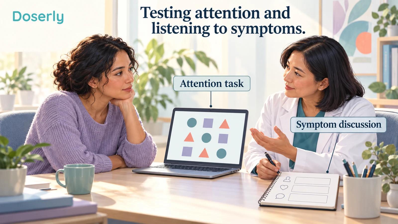 A conceptual research visit separates a computerized attention task from a conversation about fatigue and daily function.