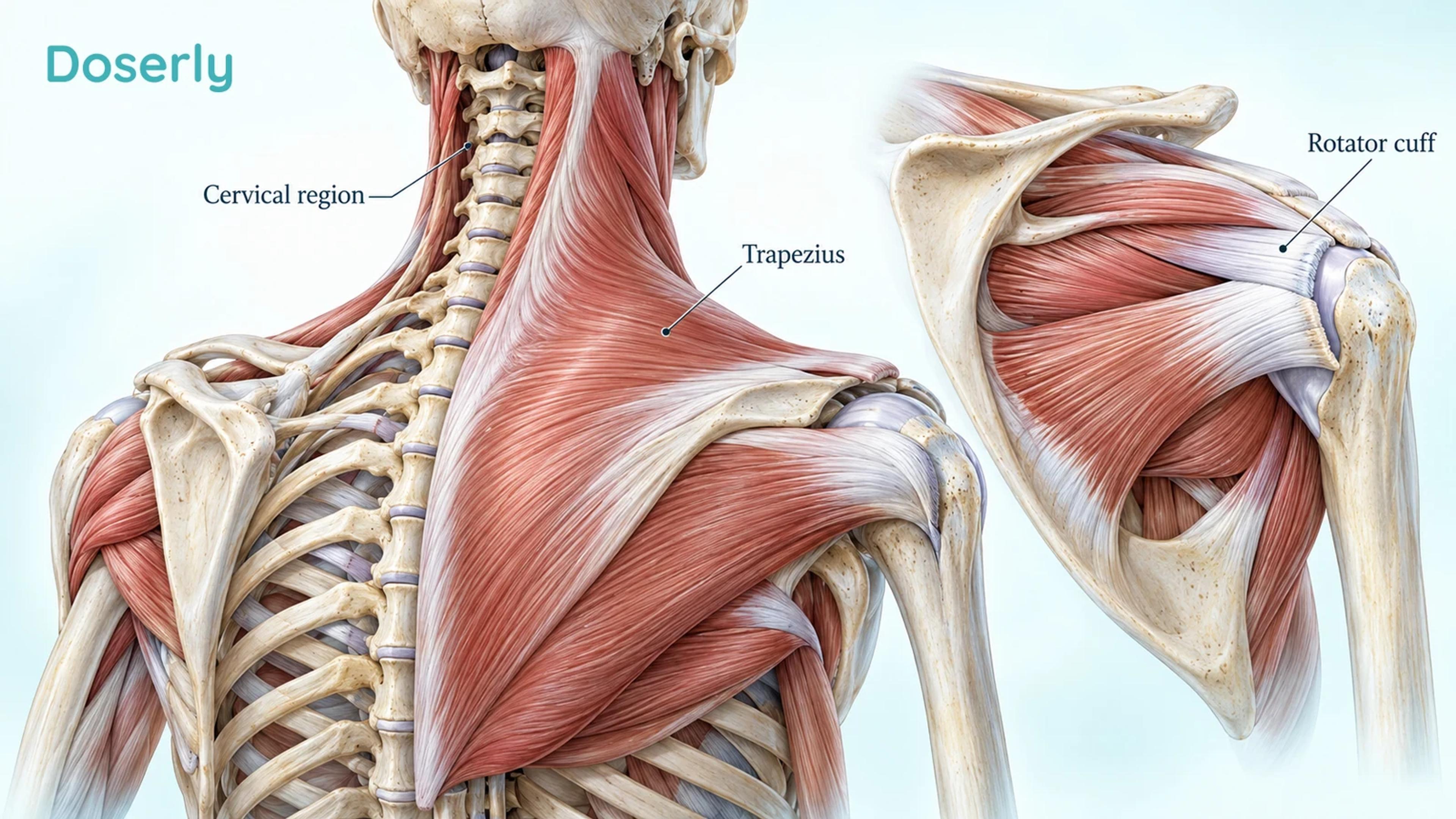Conceptual anatomy of the cervical spine and trapezius beside a separate shoulder joint and rotator cuff model.
