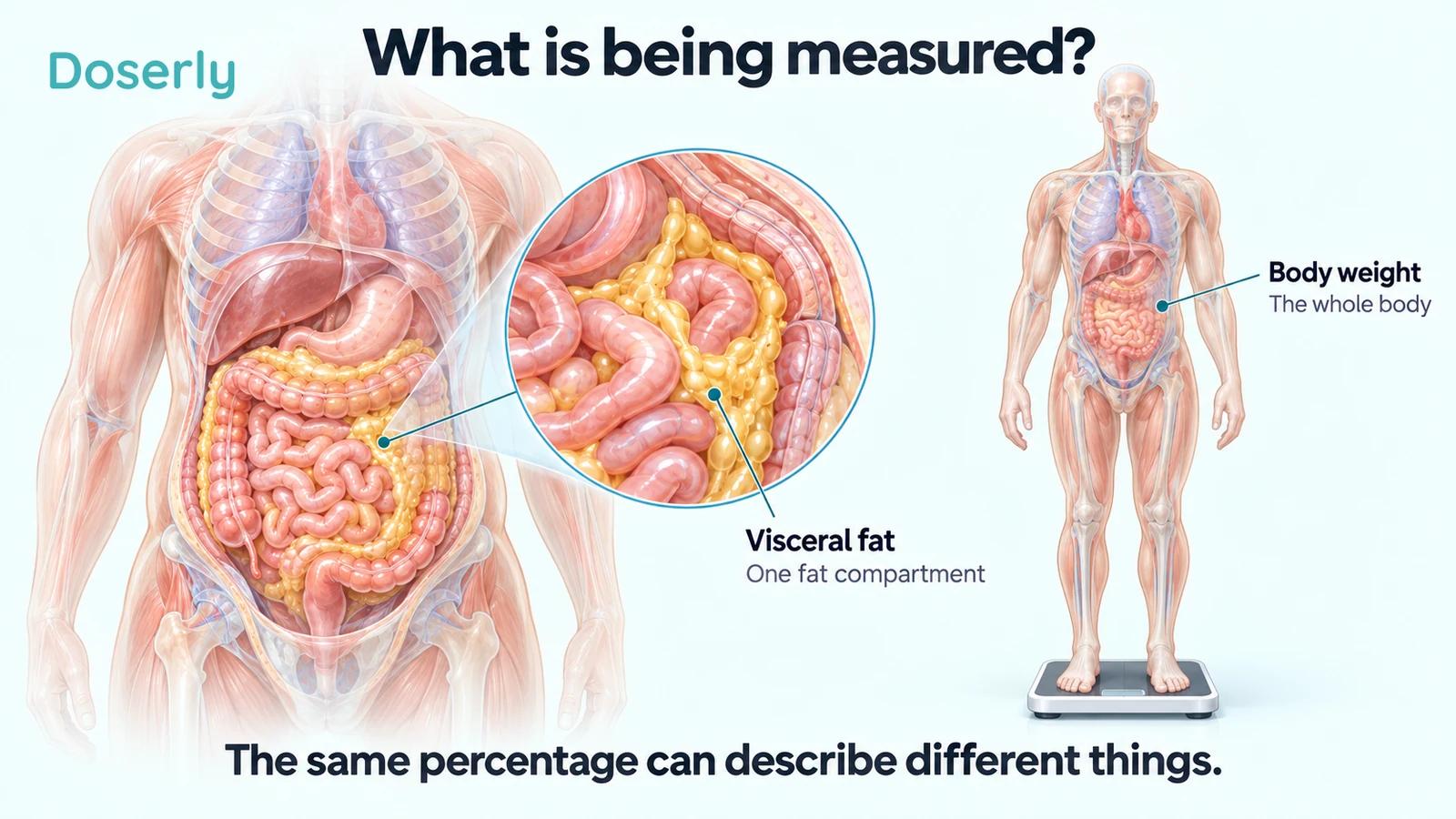 A translucent torso and visceral-fat inset beside a whole person on a clinical scale.