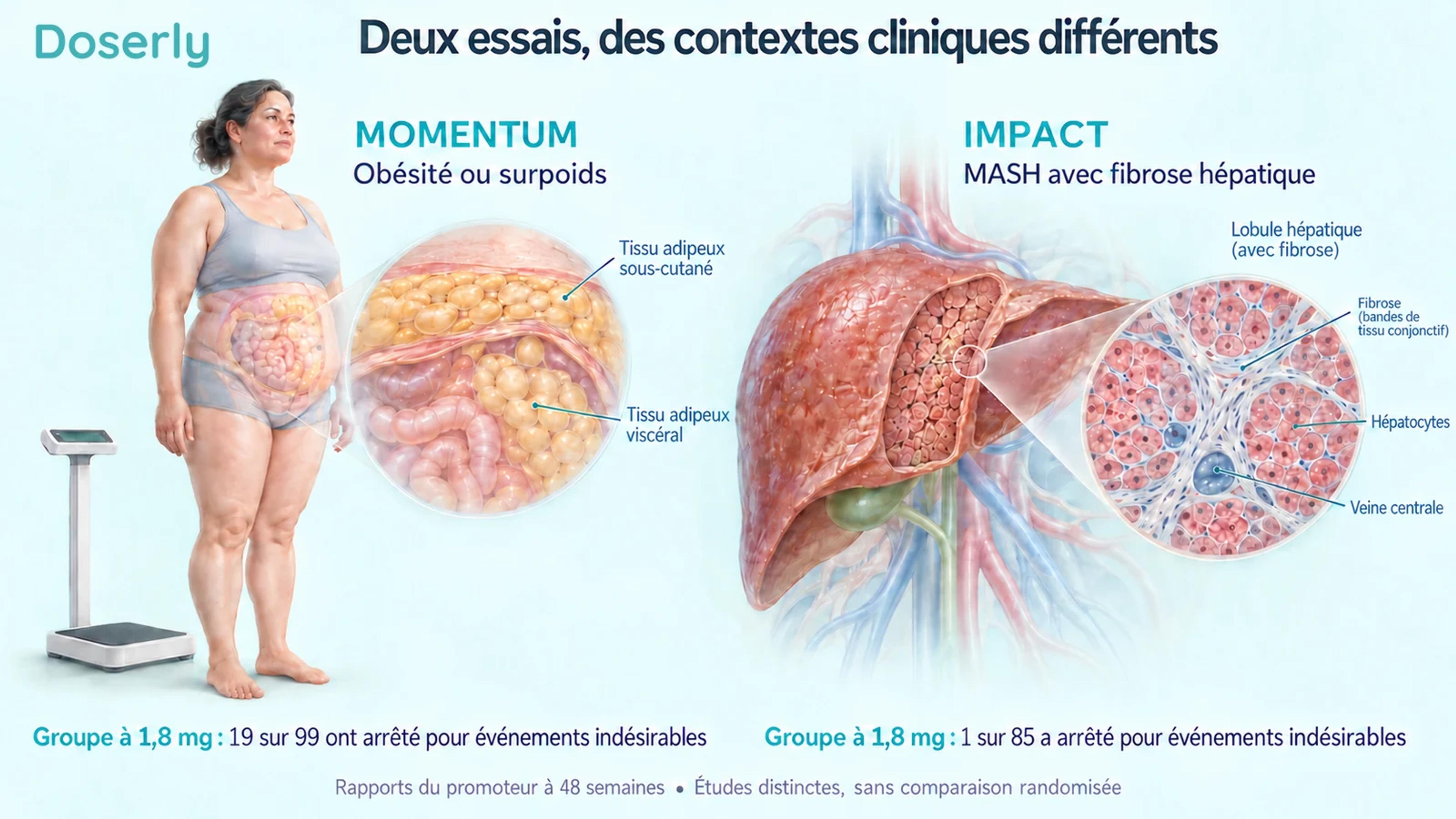 Illustrations distinctes de l’obésité et de la MASH avec les nombres d’arrêts dus à des événements indésirables dans les groupes à 1,8 mg.