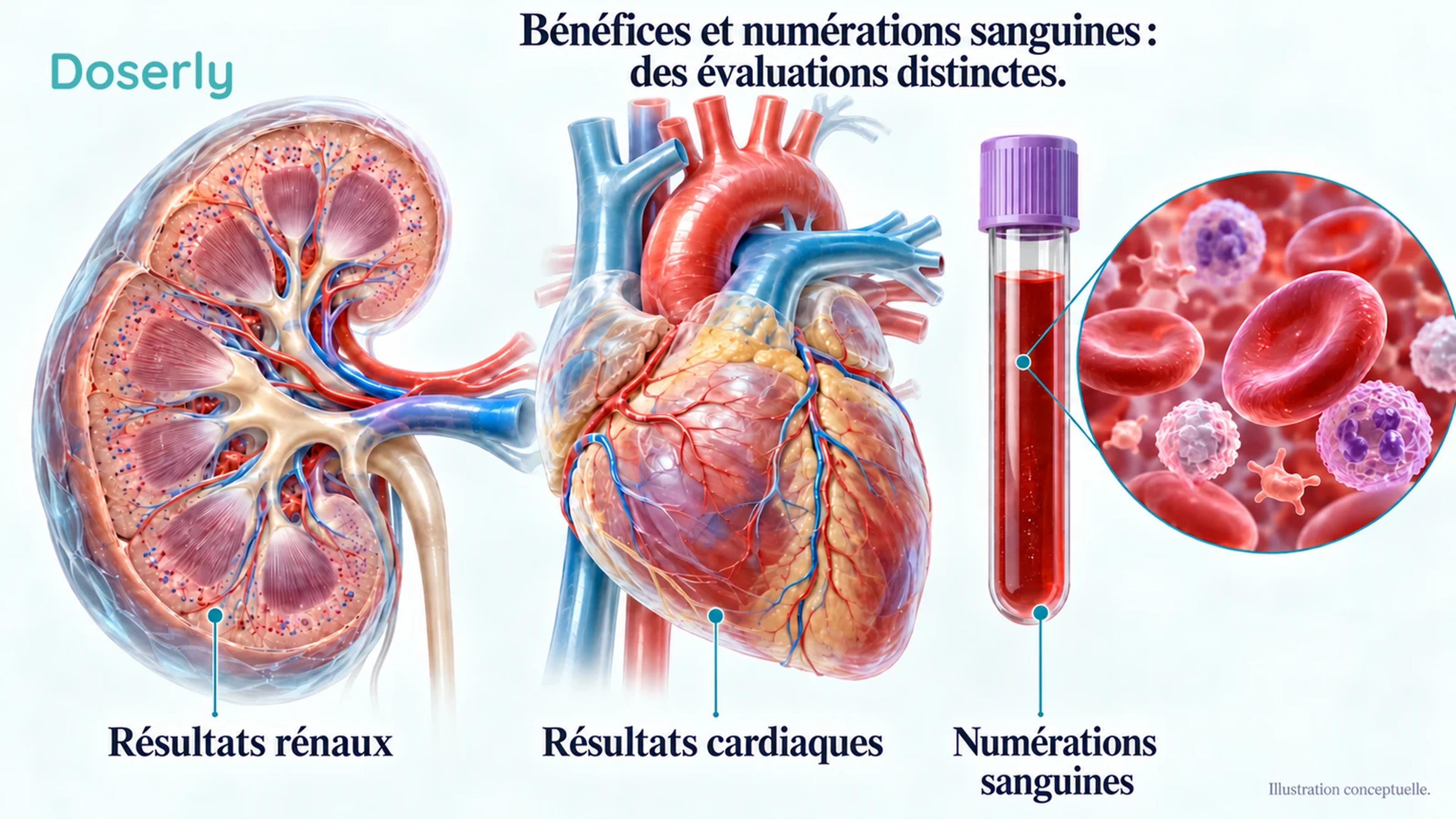 L’anatomie détaillée du rein et du cœur entoure un échantillon sanguin, illustrant les bénéfices cliniques et les mesures d’innocuité distincts considérés pendant le traitement concomitant.