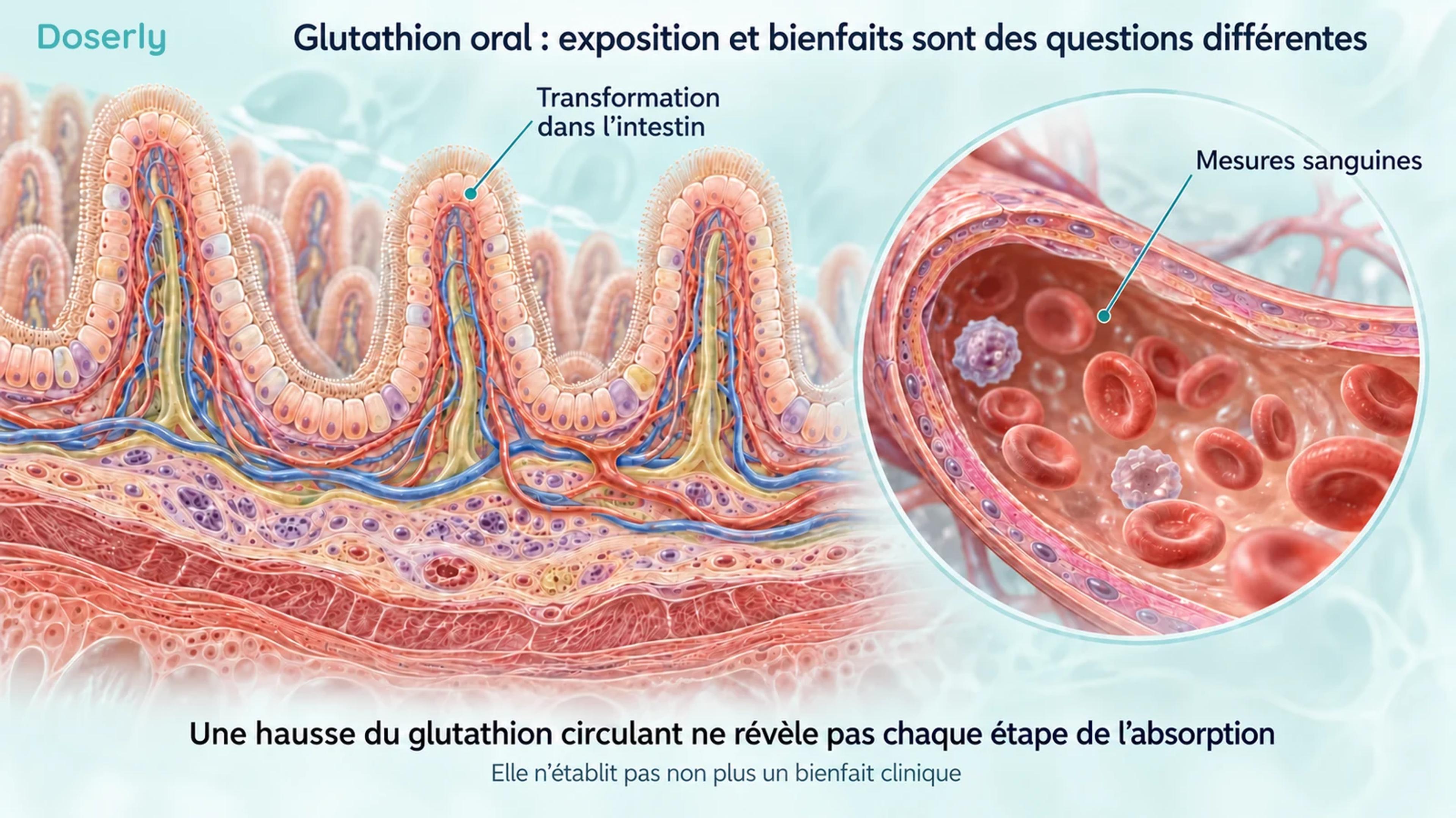 Des villosités intestinales et une vue en coupe d’un vaisseau sanguin distinguent la transformation dans l’intestin des mesures de glutathion circulant.
