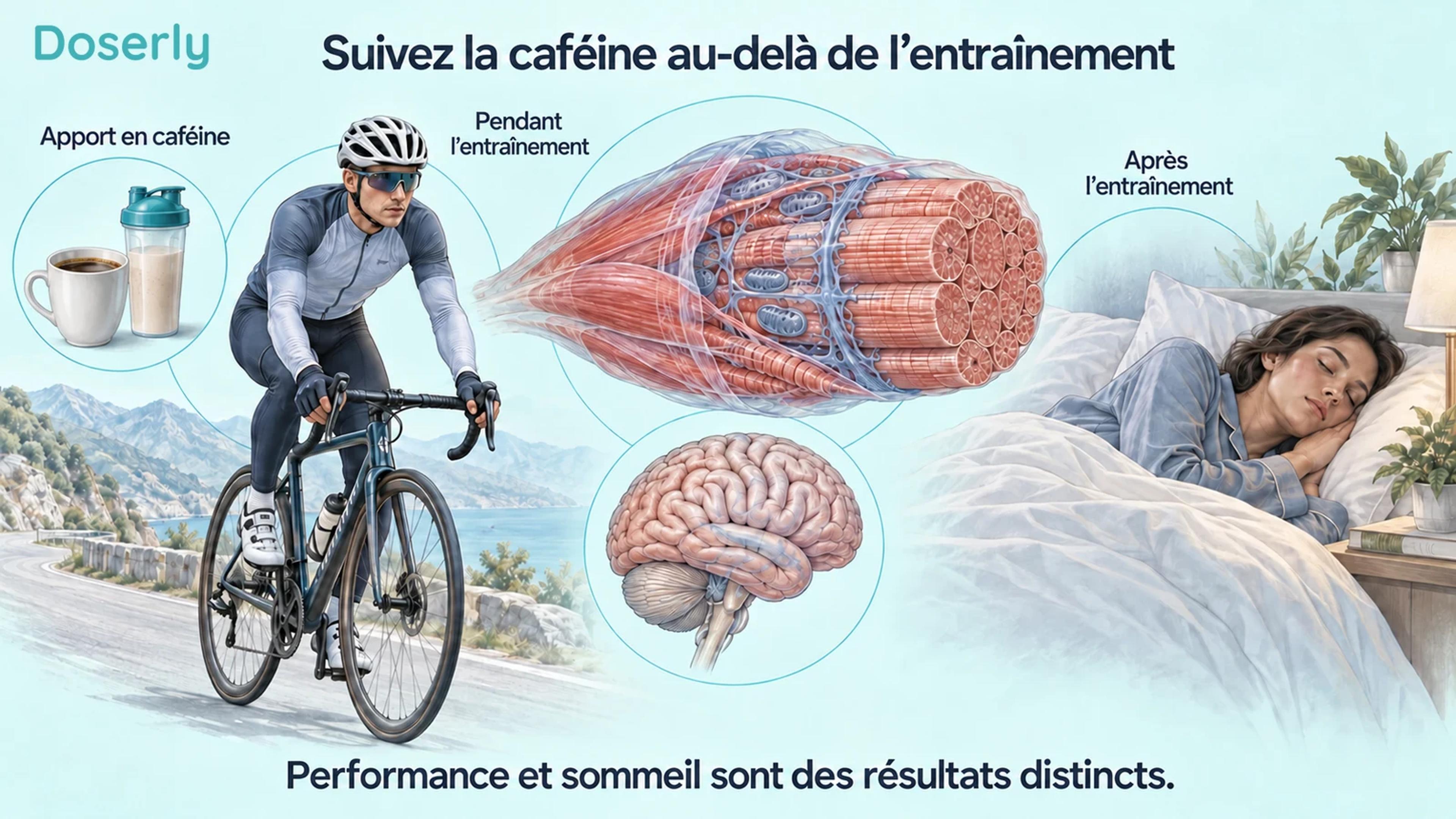 Une illustration détaillée d’un muscle et d’un cerveau se trouve entre un cycliste, des boissons caféinées et un adulte endormi, séparant l’entraînement du sommeil qui suit.