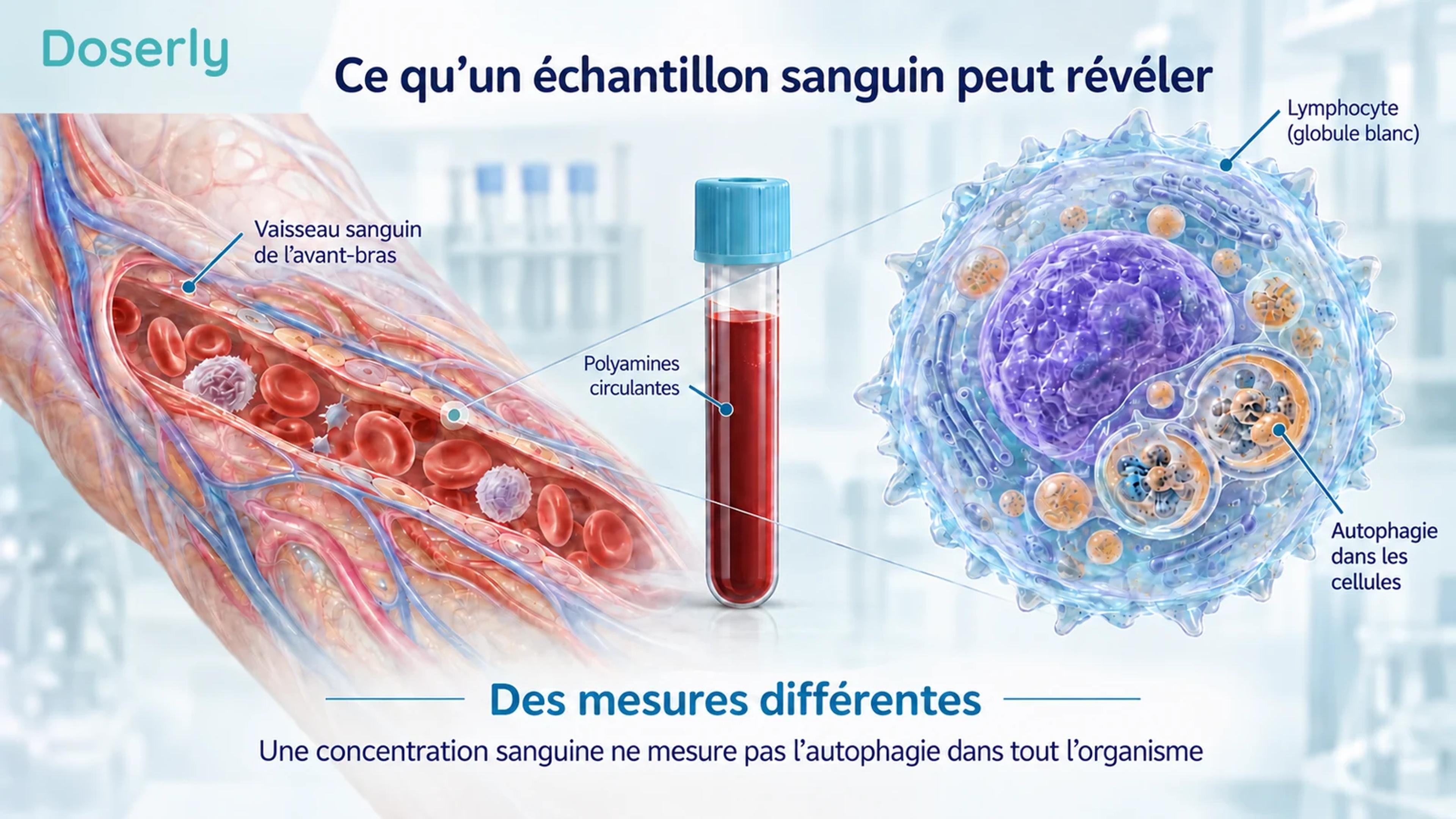 Vue conceptuelle d’un vaisseau de l’avant-bras et d’un échantillon sanguin prélevé, à côté d’un lymphocyte agrandi contenant des compartiments de recyclage intracellulaire.
