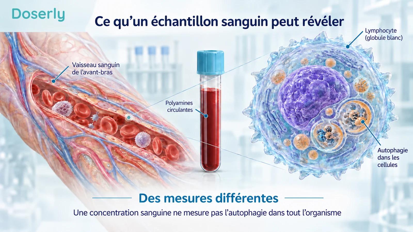 Vue conceptuelle d’un vaisseau de l’avant-bras et d’un échantillon sanguin prélevé, à côté d’un lymphocyte agrandi contenant des compartiments de recyclage intracellulaire.
