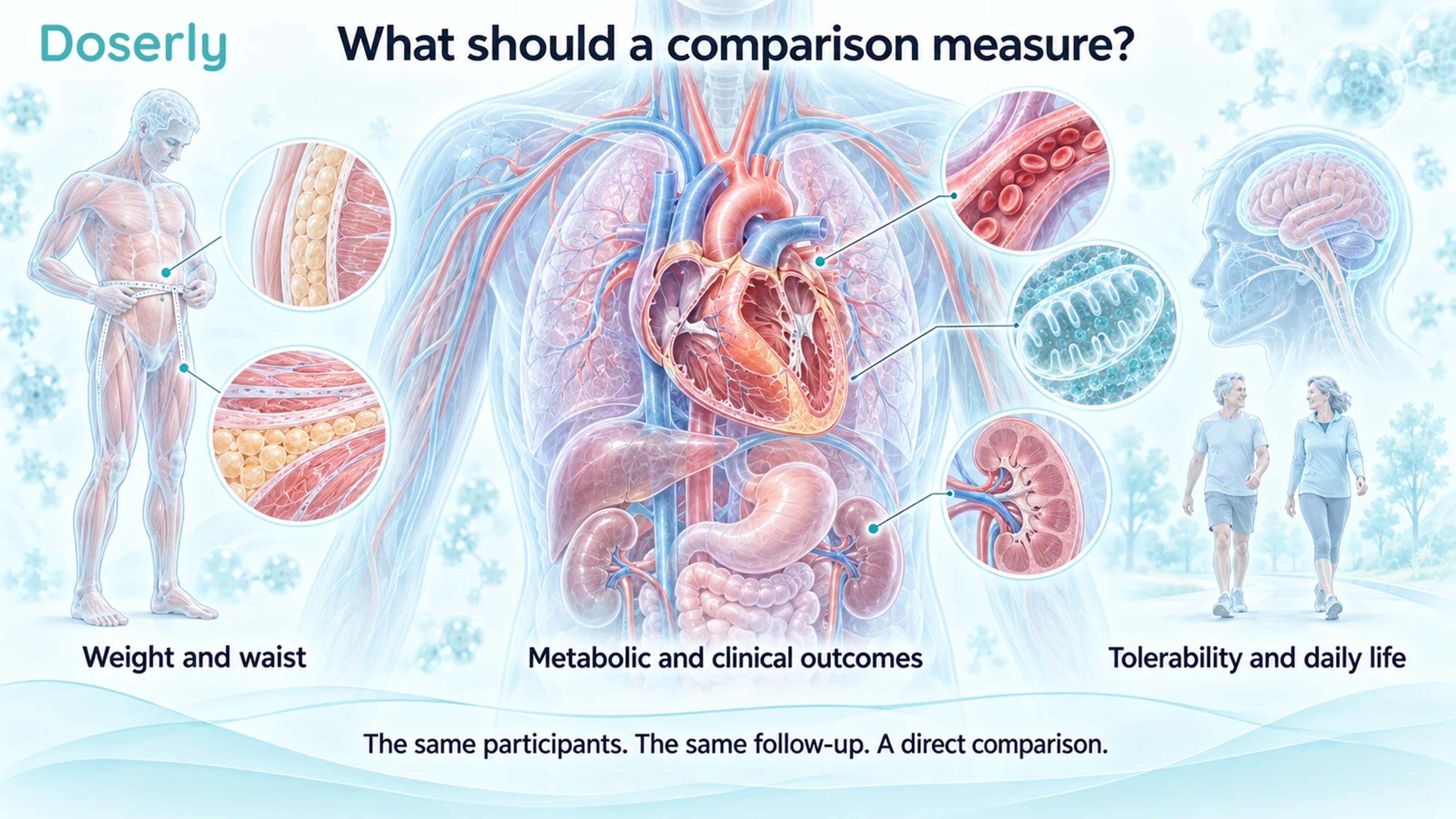 Illustrated waist measurement and detailed torso, heart and organ anatomy explain weight, clinical outcomes and daily-life assessment.