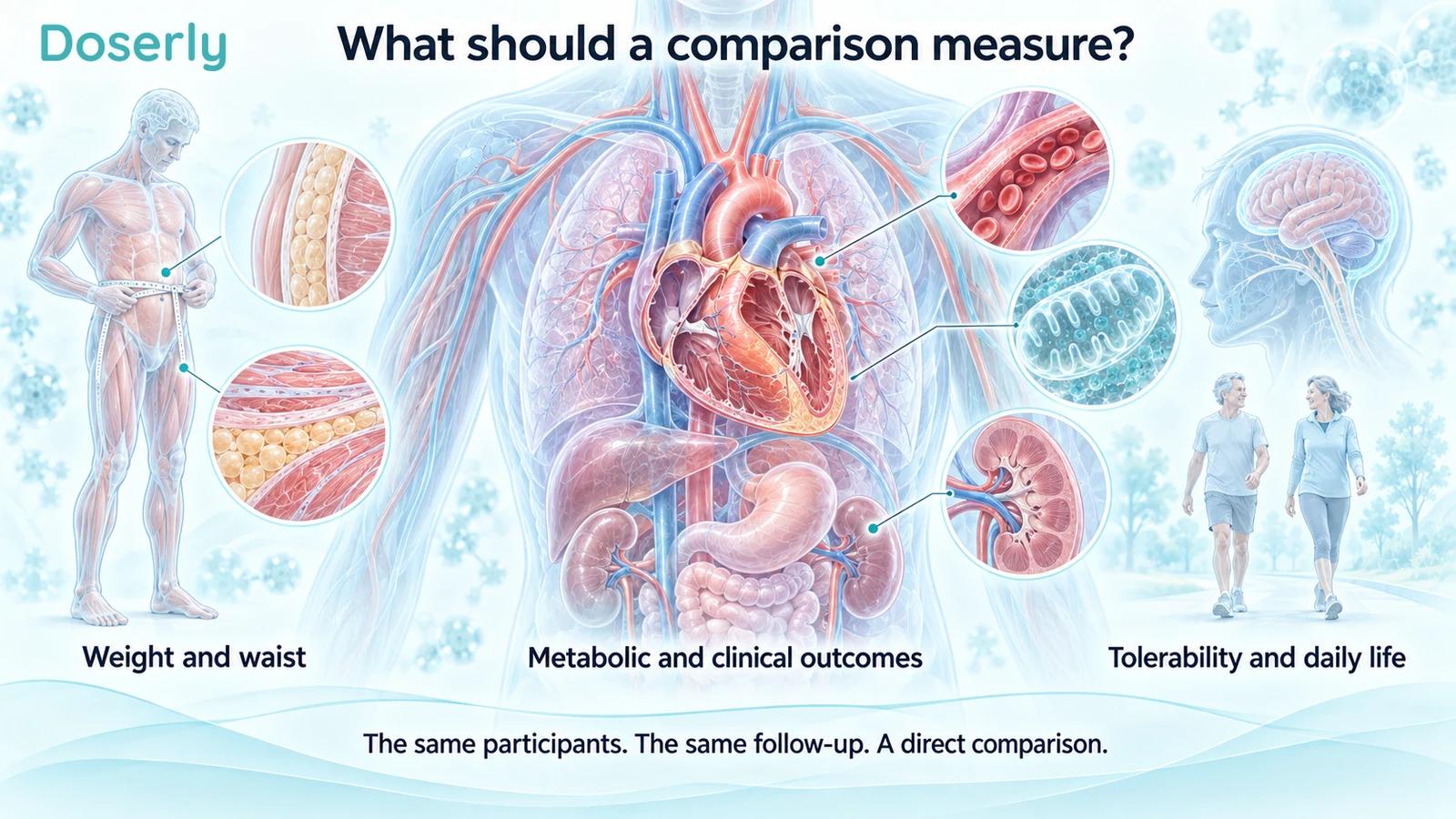 Illustrated waist measurement and detailed torso, heart and organ anatomy explain weight, clinical outcomes and daily-life assessment.