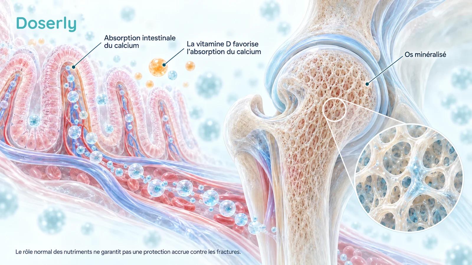 Des villosités intestinales et une tête fémorale avec un encadré d’os trabéculaire illustrent l’absorption du calcium et la minéralisation osseuse.