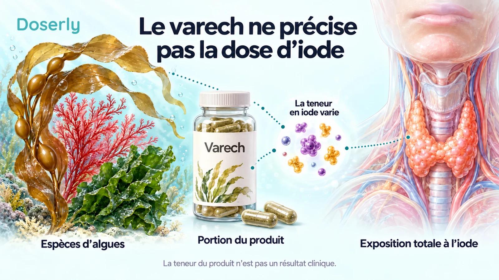 Des frondes d’algues détaillées, un supplément d’iode et une thyroïde illustrent pourquoi le nom d’ingrédient « varech » ne précise pas l’exposition à l’iode.