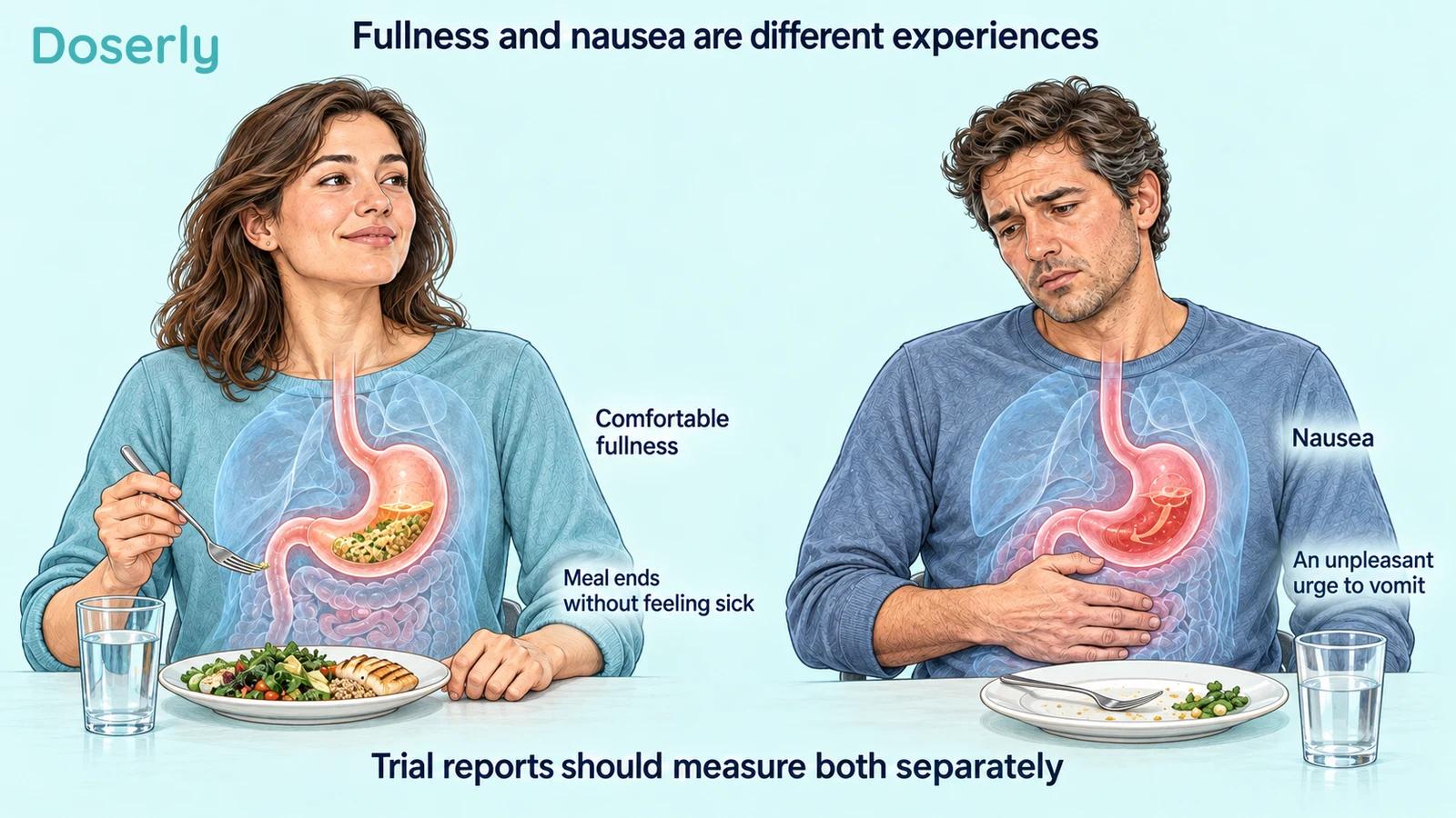 Two illustrated adults showing comfortable fullness after a meal and the different experience of nausea.