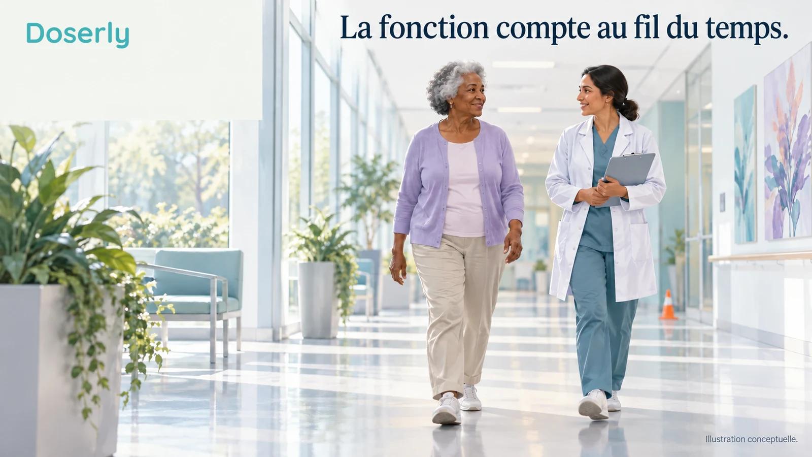 Illustration conceptuelle d’une évaluation supervisée de la marche : un adulte âgé dans un corridor de clinique dégagé, observé par un chercheur.