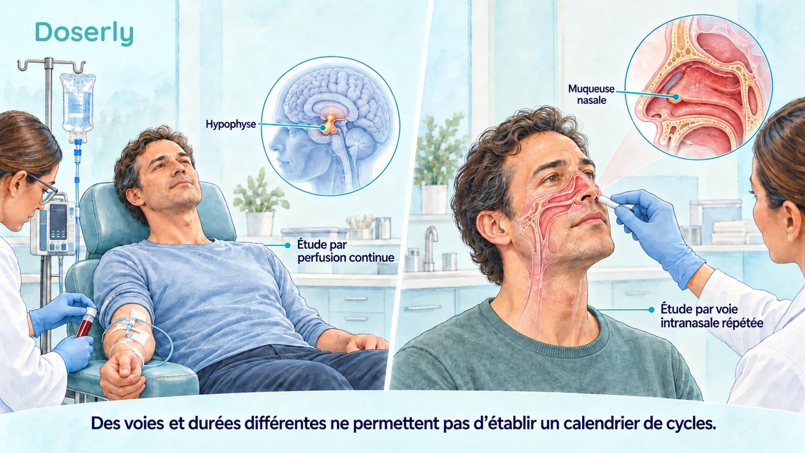 Des scènes distinctes de recherche supervisée par perfusion et par voie intranasale, avec l’anatomie de l’hypophyse et du nez.