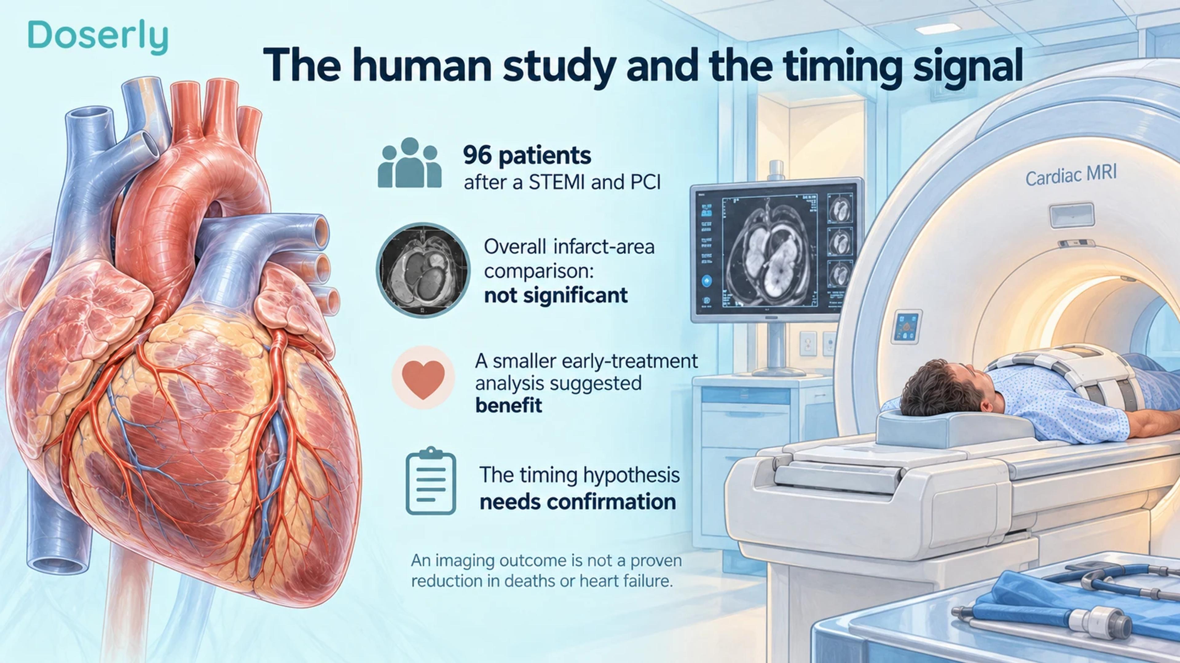 A heart and MRI scanner accompany the overall 96-patient result and the separate early-treatment signal.