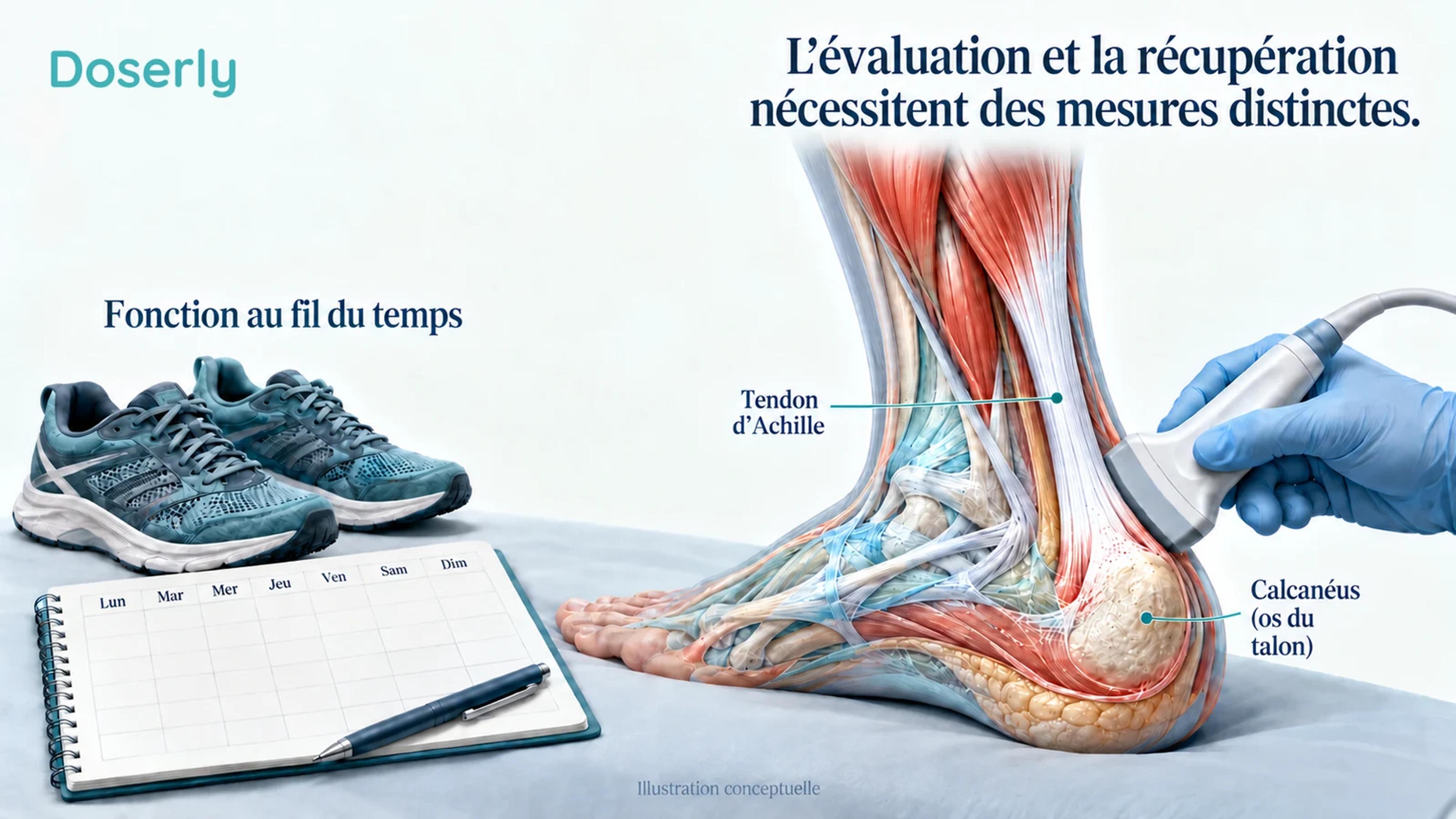 Examen détaillé d’un tendon à côté d’une sonde d’échographie et d’un registre d’activité vierge distinct.