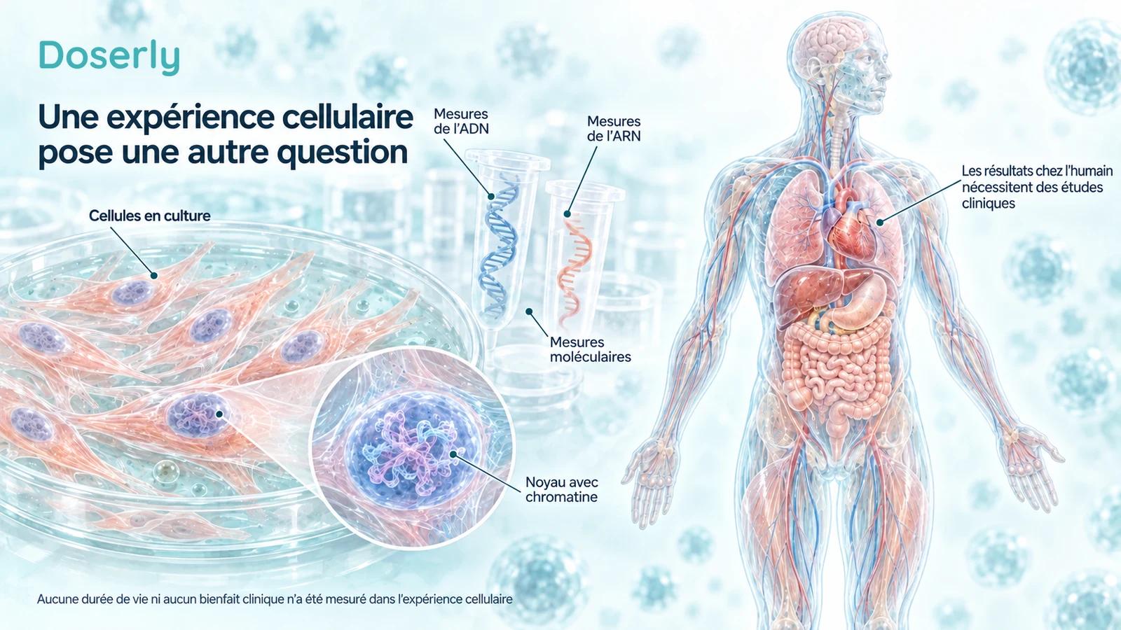 Illustration de cultures cellulaires avec des mesures moléculaires distinctes et une silhouette humaine éloignée, séparée par un espace vide