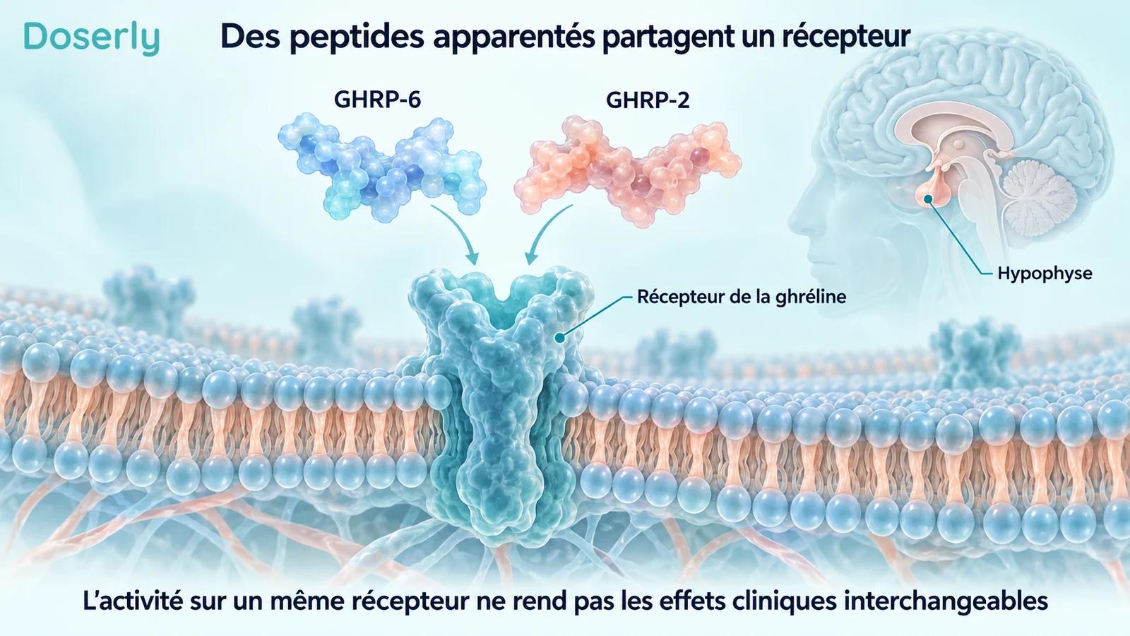 Formes conceptuelles du GHRP-6 et du GHRP-2 à côté d’un récepteur commun de la ghréline et d’un encadré anatomique de l’hypophyse.