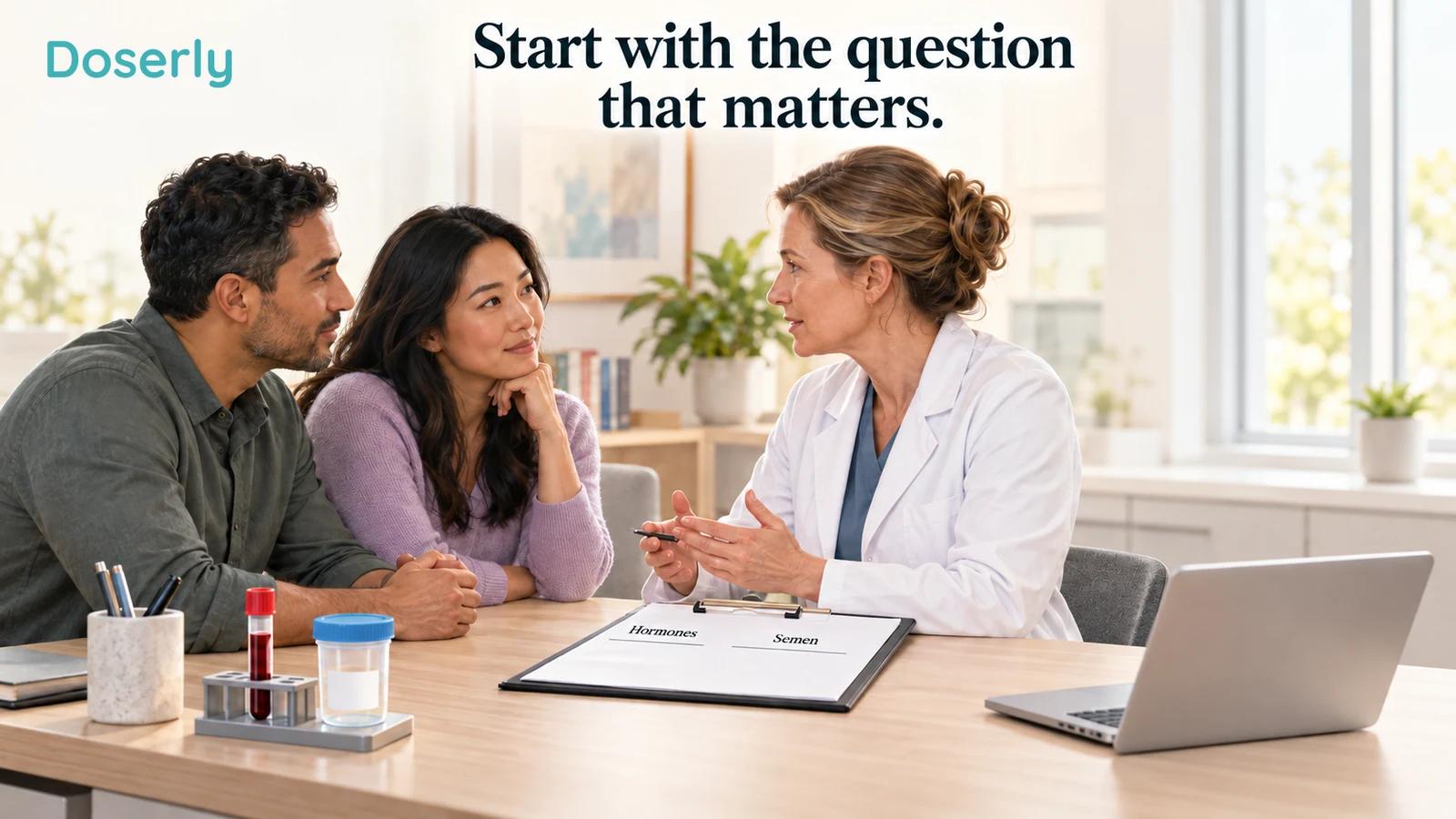 A conceptual fertility consultation shows an adult couple and clinician reviewing separate hormone and semen assessments.