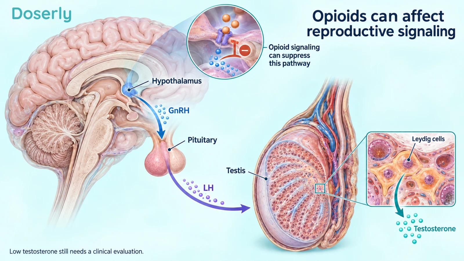 Detailed brain and testis anatomy illustrates hypothalamic GnRH, pituitary LH and testicular testosterone production, with an opioid-suppression callout.