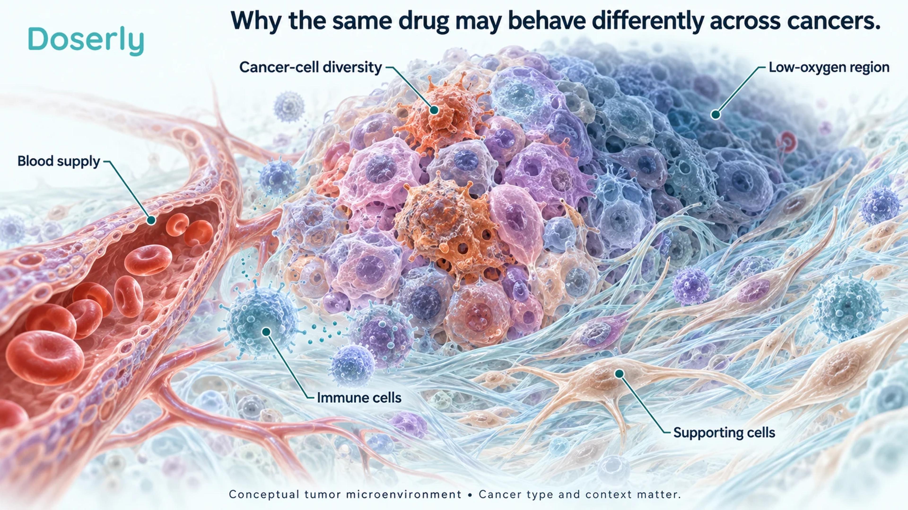 Cross-section of a conceptual tumor showing varied cancer cells, supporting tissue, immune cells, blood vessels and a low-oxygen region.
