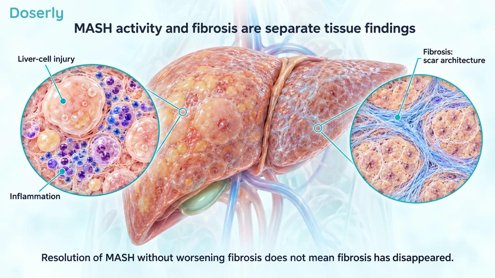 Liver tissue insets distinguish injured and inflamed liver cells from fibrous scar architecture.
