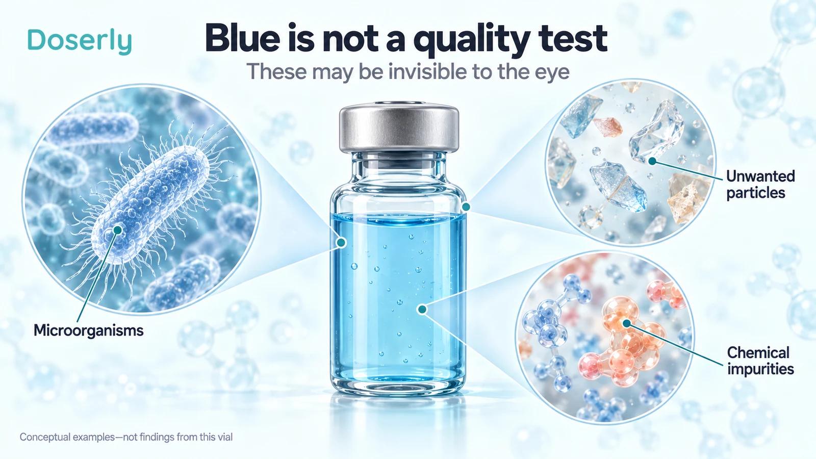 A blue vial beside conceptual magnifications of microorganisms, unwanted particles and chemical impurities.