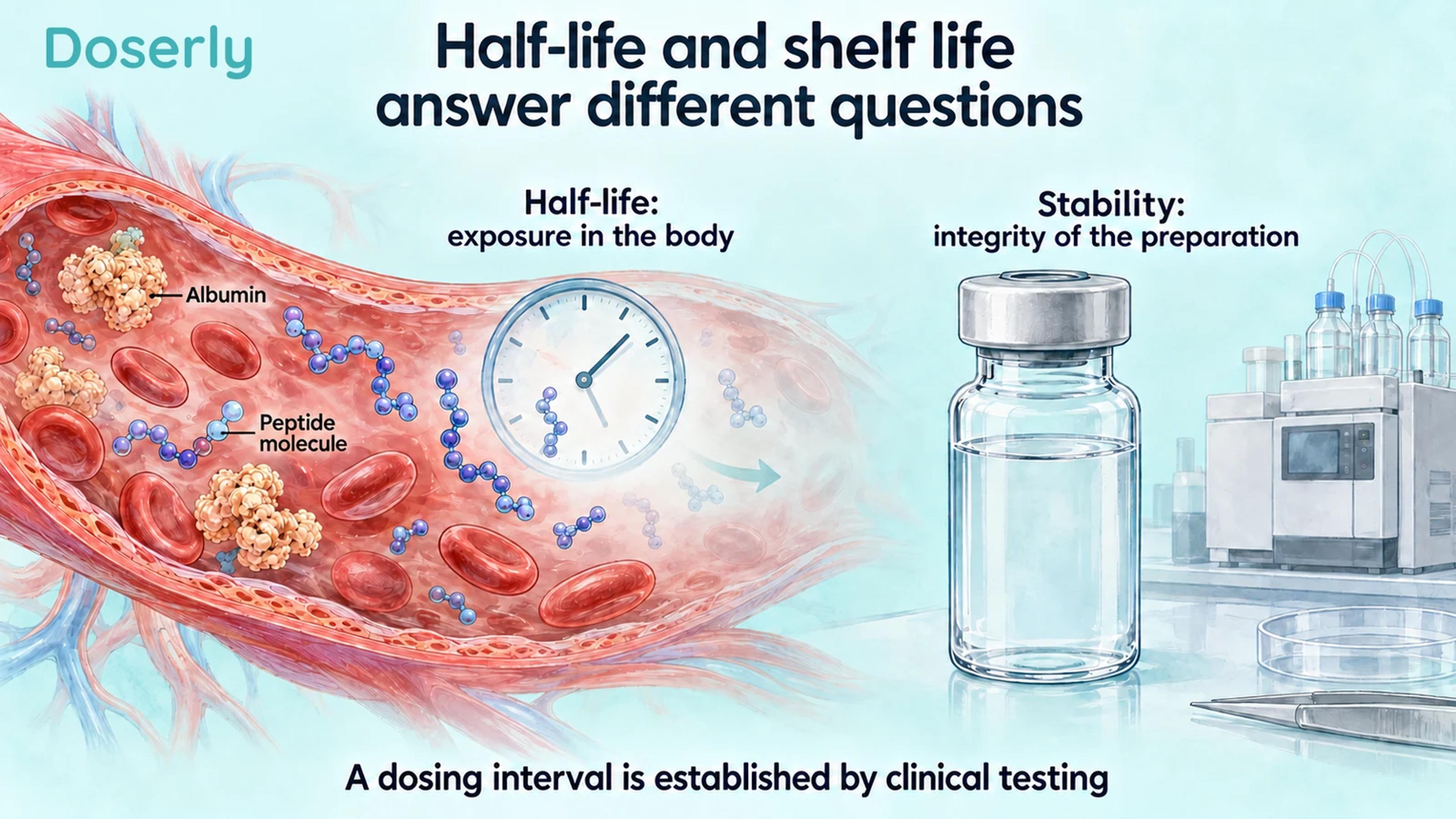 Illustrated blood vessel and clock beside a separate sealed vial and laboratory instrument.