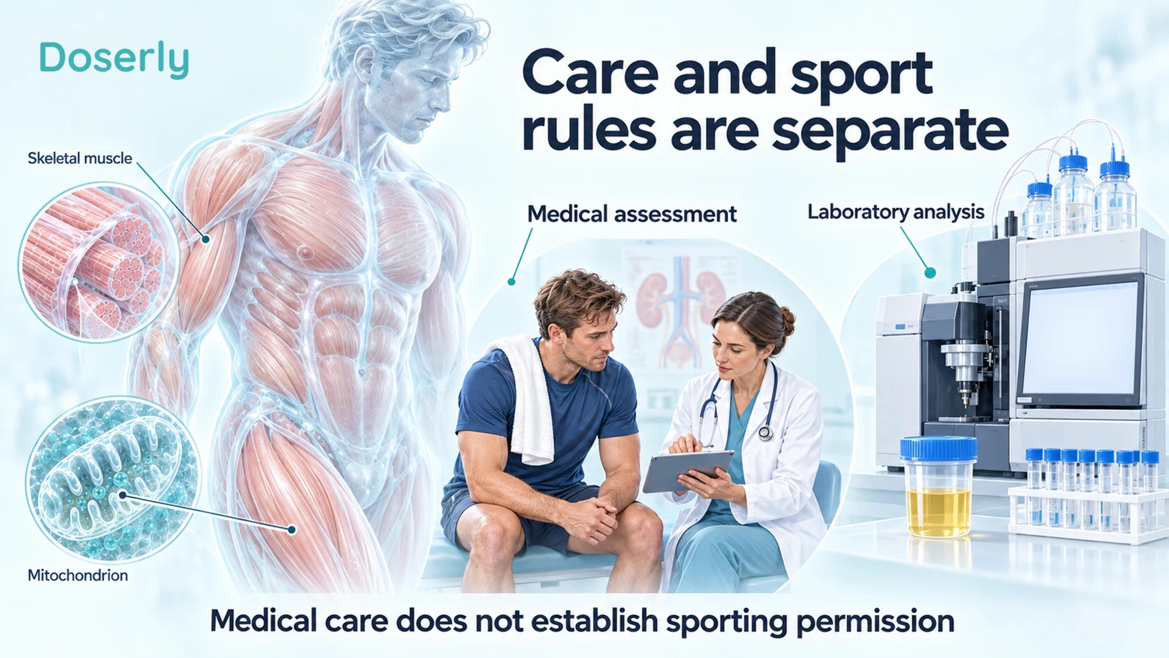 A translucent athletic torso and muscle insets sit beside a clinical consultation and laboratory instrument with a blank screen, separating medical assessment from sporting permission.